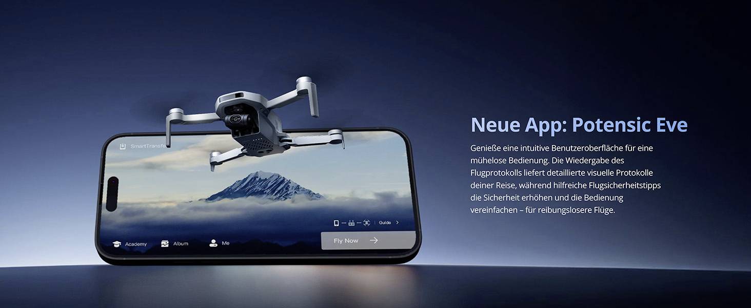 Chytrý telefon s dronem letícím nad ním zobrazuje horu na své obrazovce. Text v němčině propaguje 'Novou aplikaci: Potensic Eve.'