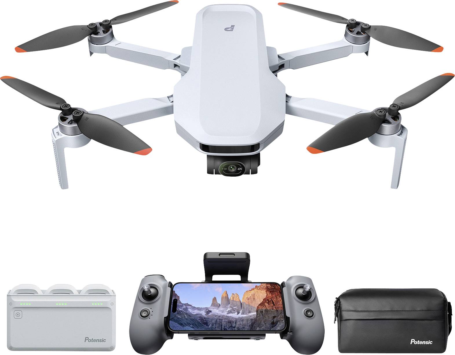 Dron s kamerou, dálkový ovladač s držákem na chytrý telefon, bateriový pack a přepravní pouzdro, vhodné pro fotografování a videotvorbu.