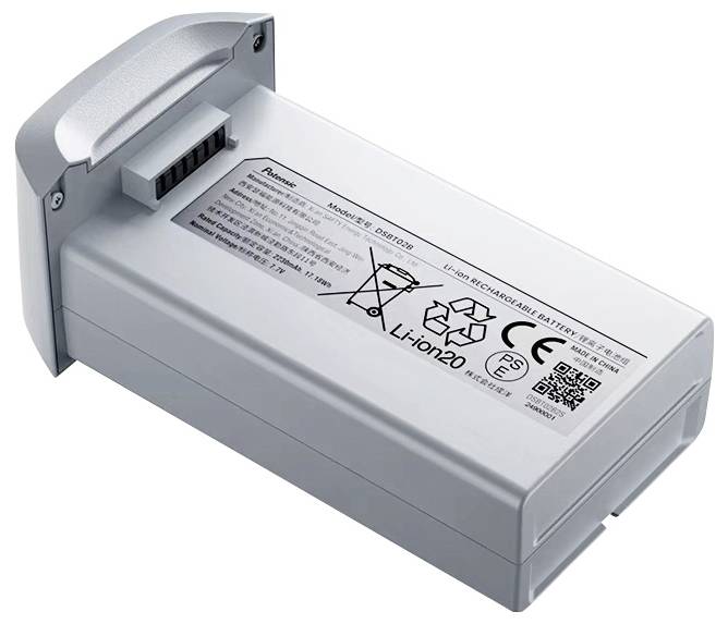 Obdélníkový stříbrný lithium-iontový dobíjecí akumulátor s elektronickými připojovacími kontakty a štítkem s podrobnými specifikacemi na horní straně.