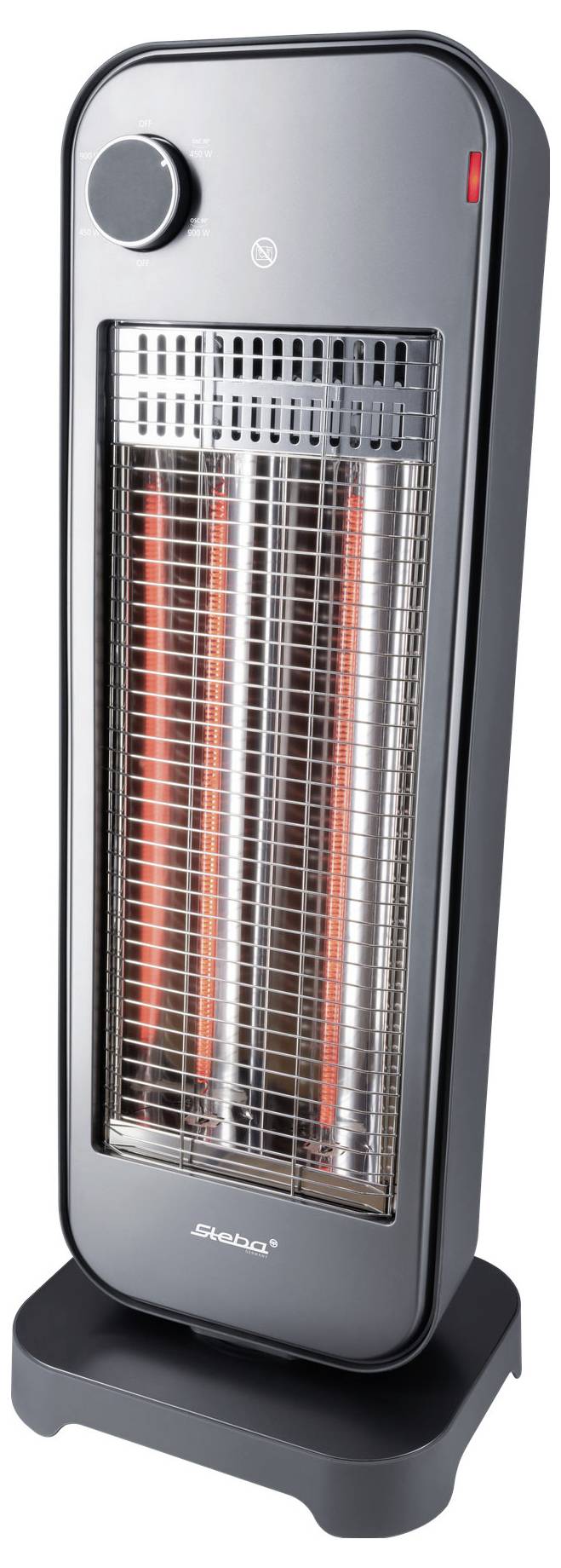 Černý elektrický topný ventilátor s vertikálními topnými prvky a ovládacím knoflíkem nahoře; určený pro vytápění domácností nebo kanceláří.