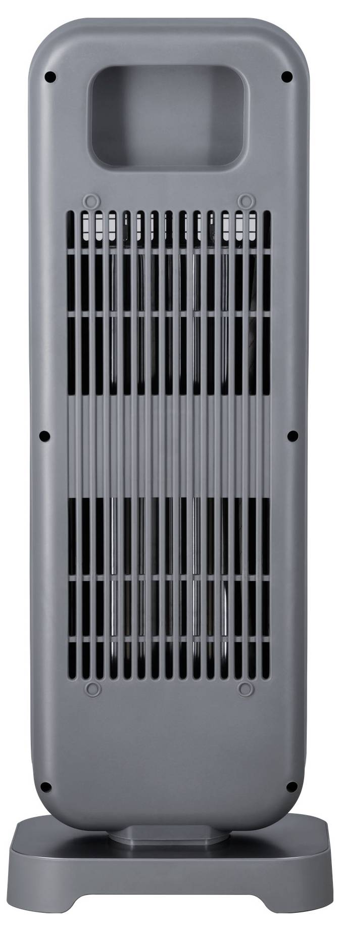 Šedý věžový teplovzdušný ventilátor se svislými větracími štěrbinami na přední straně. Topení stojí vzpřímeně na podstavci a má rukojeť v horní části.