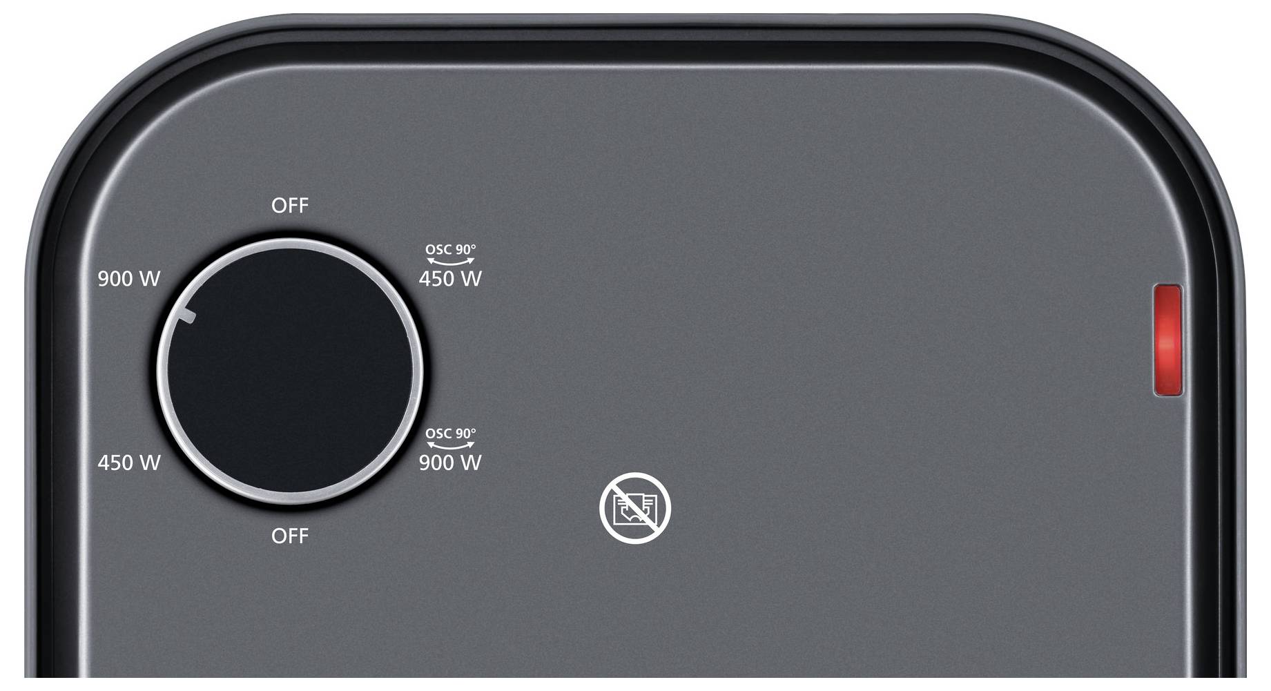 Detailní pohled na otočný ovladač zařízení s označeními 'Vypnuto', '450 W' a '900 W'. Červená kontrolka je zapnutá.