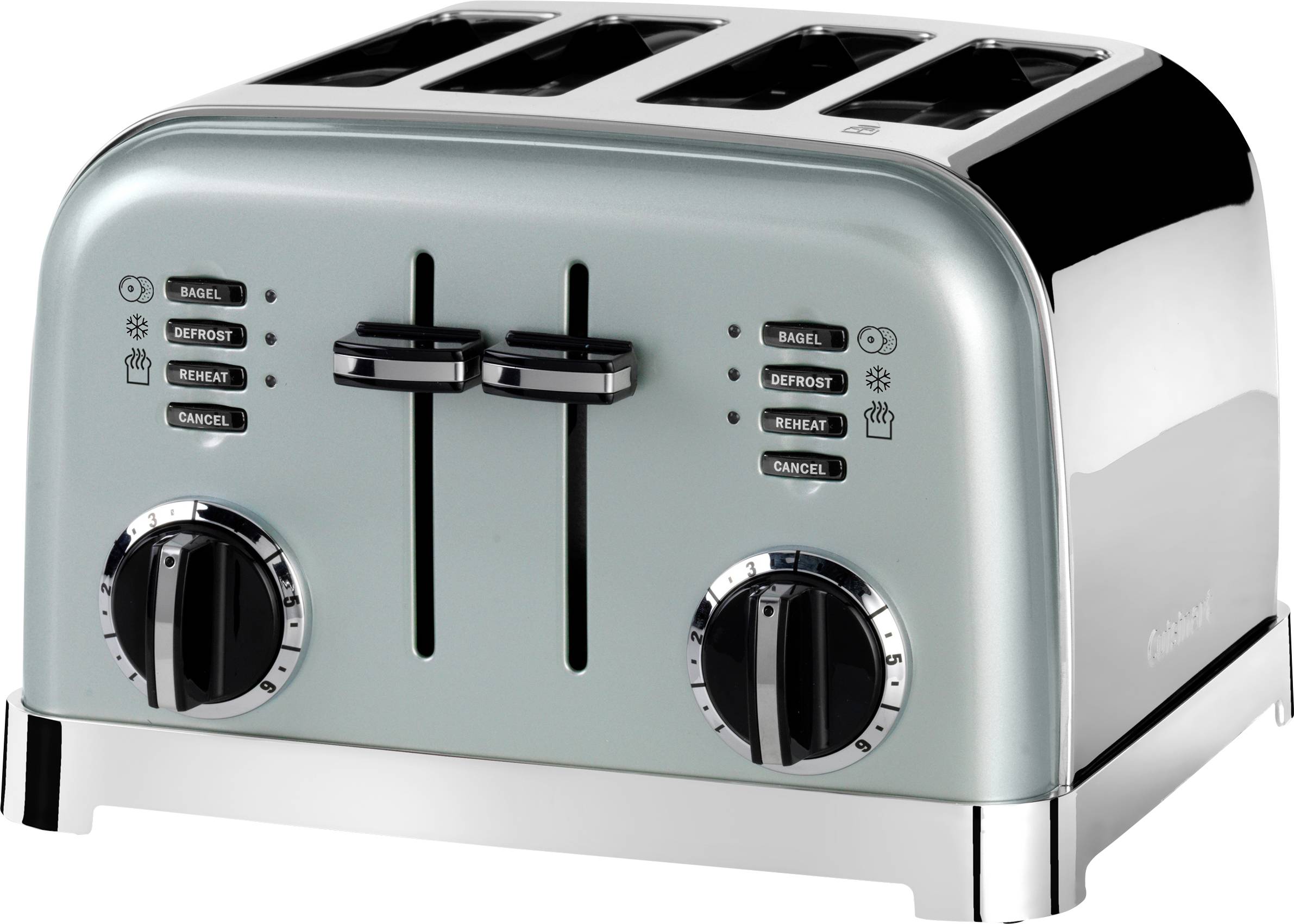 Stříbrný čtyřtoustový toaster s různými nastaveními a voliči pro funkce bagel, rozmrazování, opětovné zahřátí a zrušení.