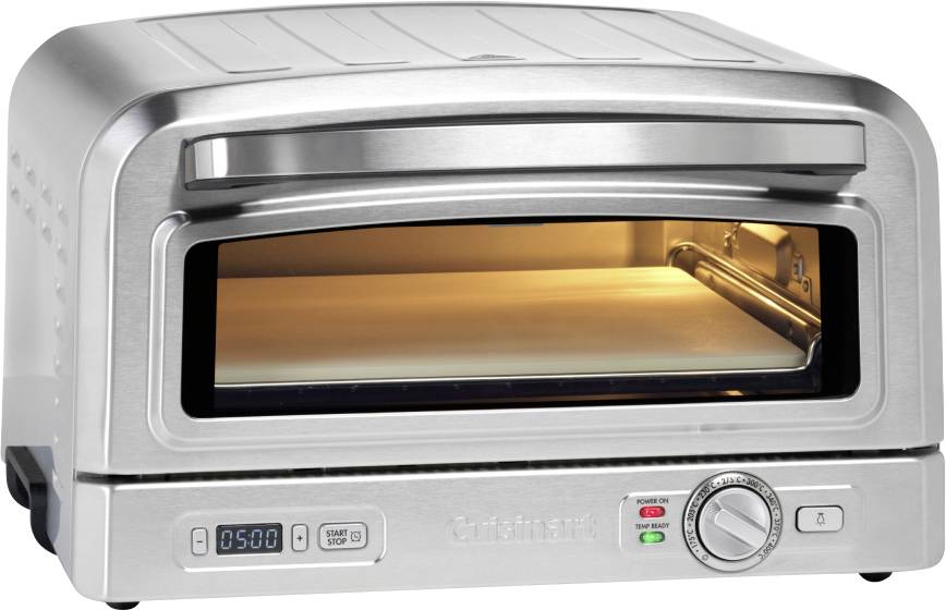 Nerezová mini pizza pec s digitálním časovačem nastaveným na '5:00', otevřeným víkem a vnitřním osvětlením. Jsou viditelné ovládací knoflíky a tlačítka.