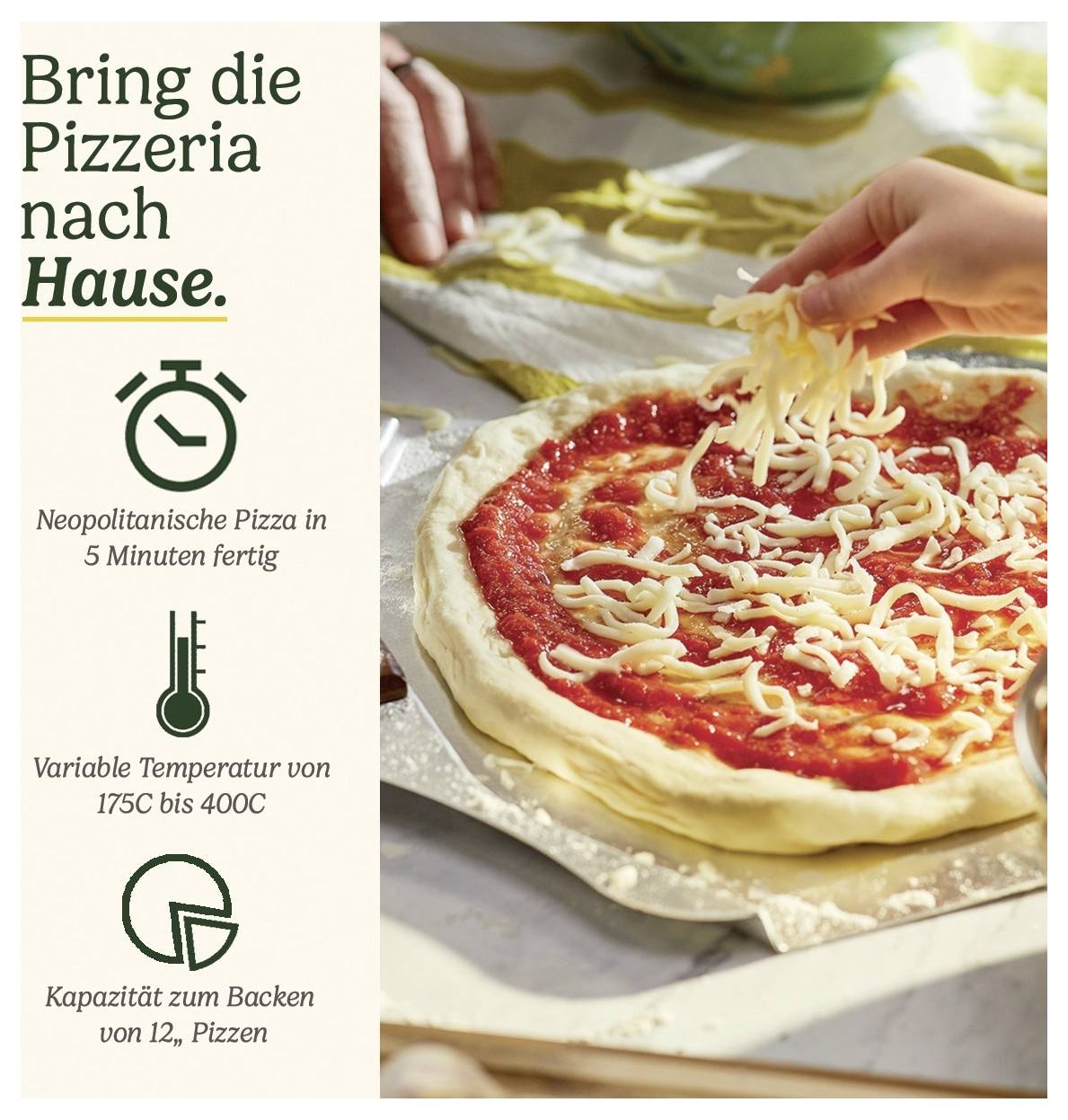 Pizza se v pozadí pokrývá sýrem. Text na obrázku: 'Přineste pizzerii domů', 'Neapolská pizza hotová za 5 minut', informace o pečení.