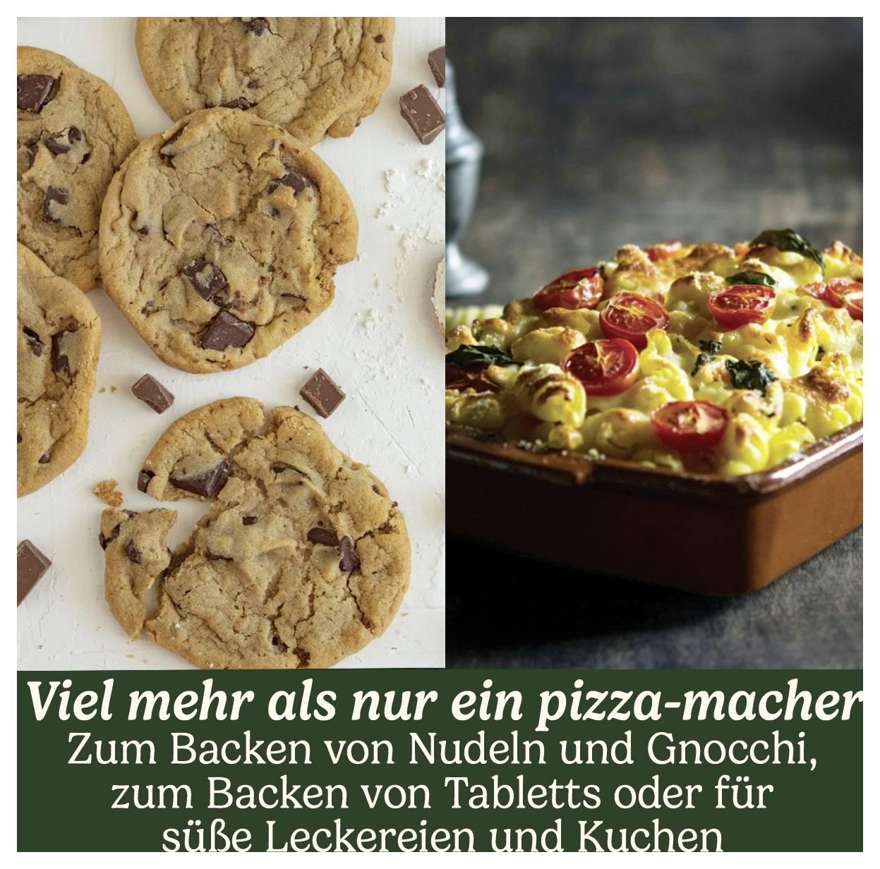 Mnohem více než jen výrobce pizzy. Pro pečení těstovin a gnocchi, pečení plechů nebo sladkých pochoutek a koláčů.' Vlevo: Sušenky, vpravo: zapečené nudle.