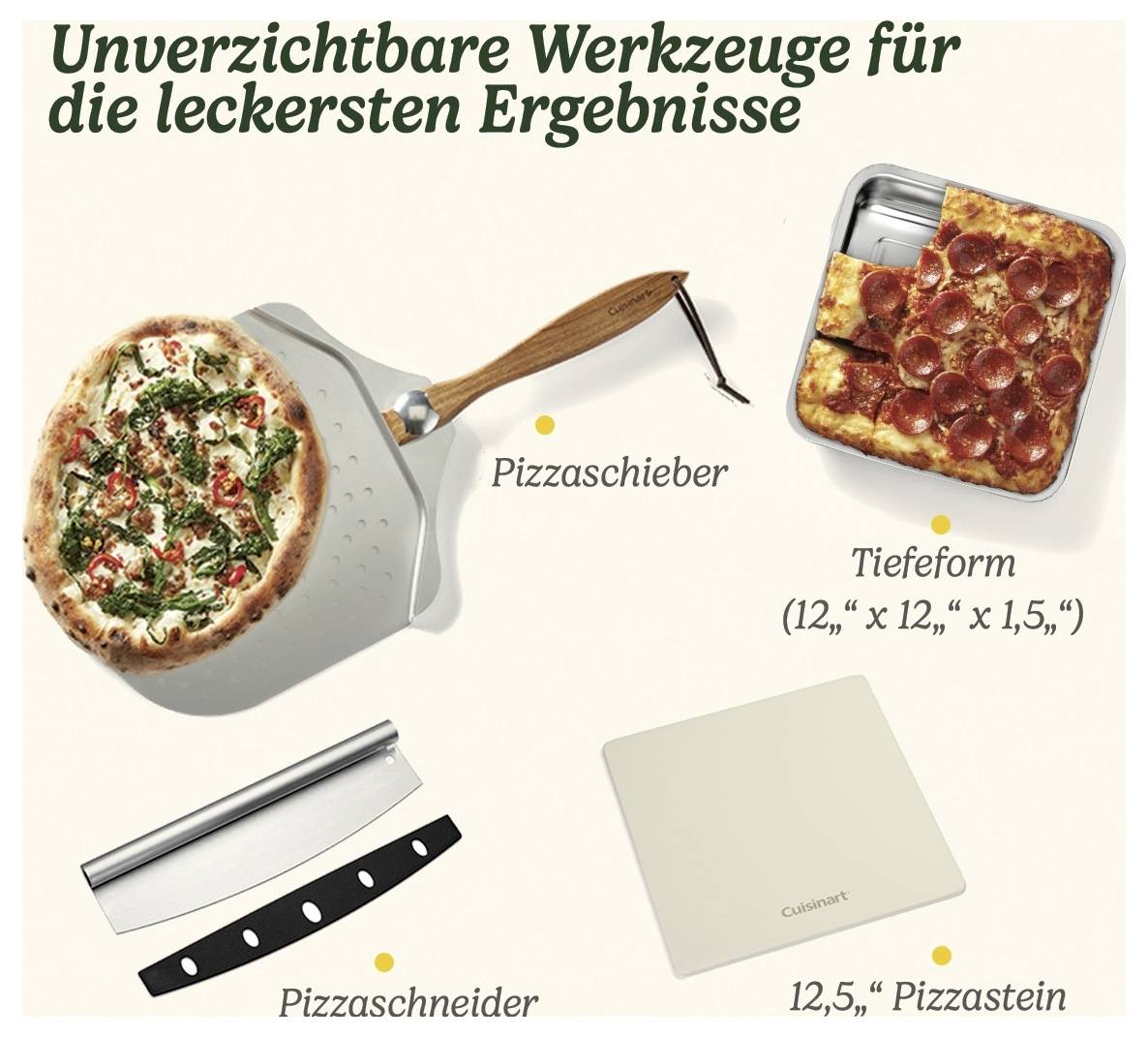 Nepostradatelné nástroje pro ty nejchutnější výsledky.' Obrázek ukazuje lopatku na pizzu, kráječ pizzy, hlubokou formu a pizzový kámen.