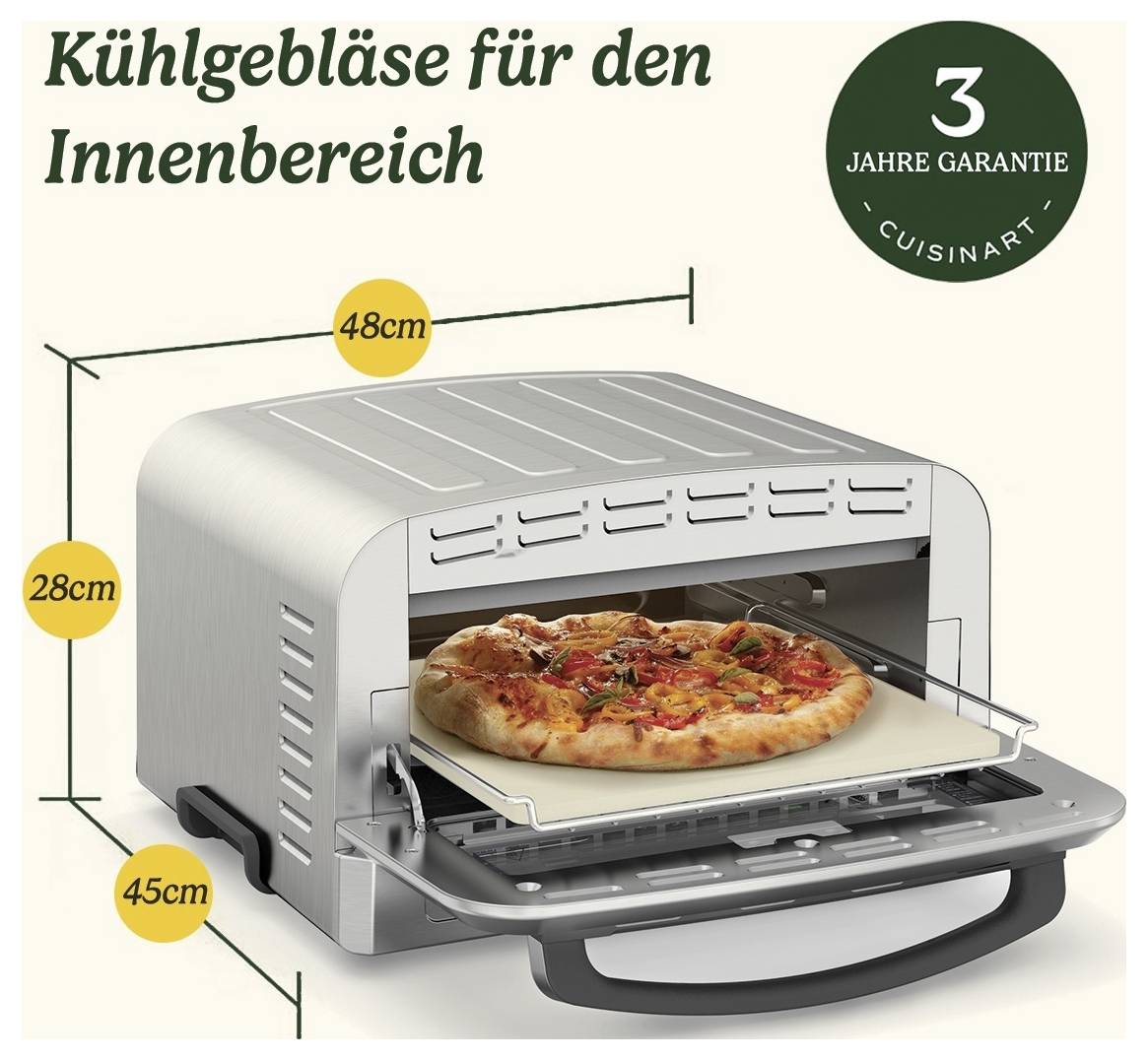 Pec na pizzu, rozměry: 48 cm šířka, 45 cm hloubka, 28 cm výška. Text: 'Chladicí ventilátor pro vnitřní prostory', '3 roky záruky'.