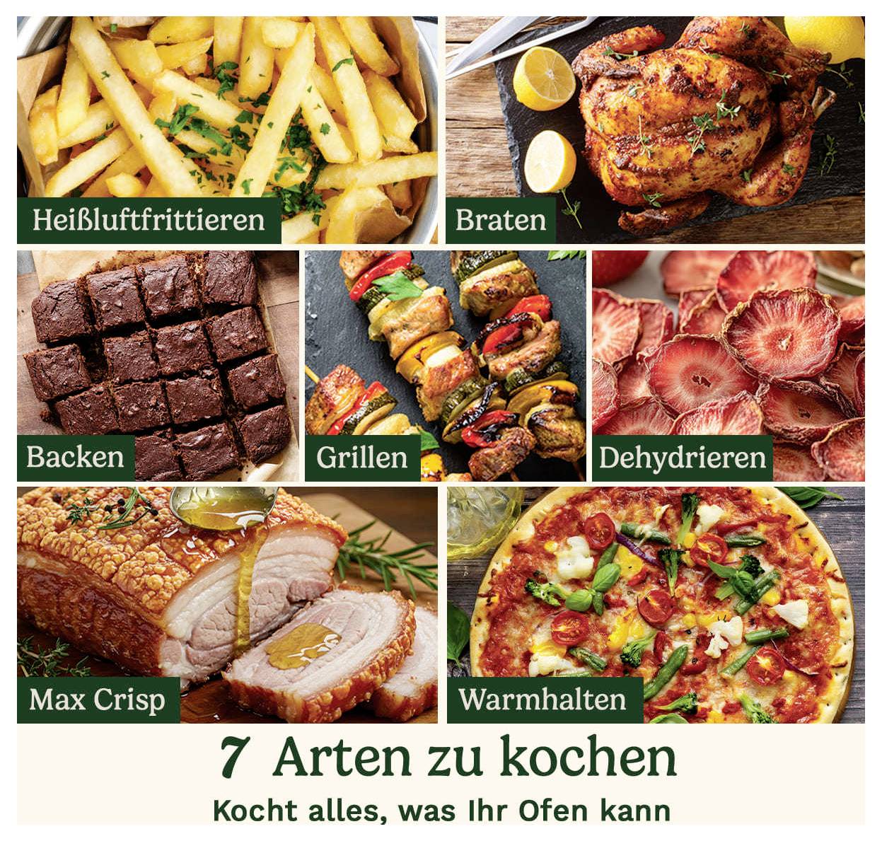 Koláž zobrazuje sedm způsobů vaření: smažení horkým vzduchem, restování, pečení, grilování, sušení, Max Crisp a udržování v teple. Obsahuje obrázky pokrmů jako kuře, zelenina a pizza. Text: '7 způsobů vaření - Uvařte vše, co váš sporák umí'.