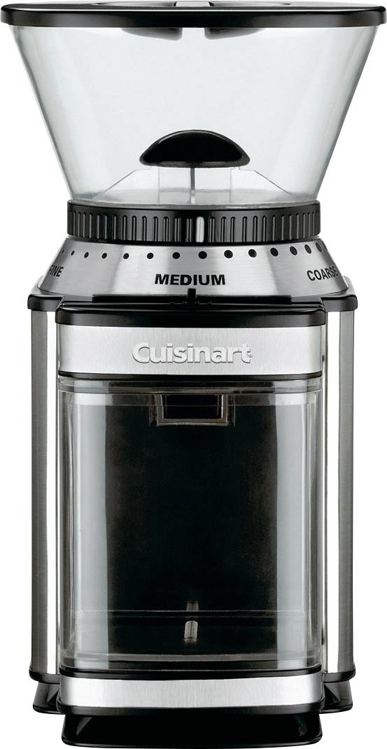 Mlýnek na kávu Cuisinart s mlecími kameny, nastavitelnými mletími nastaveními a průhlednou nádobkou na zrnka.