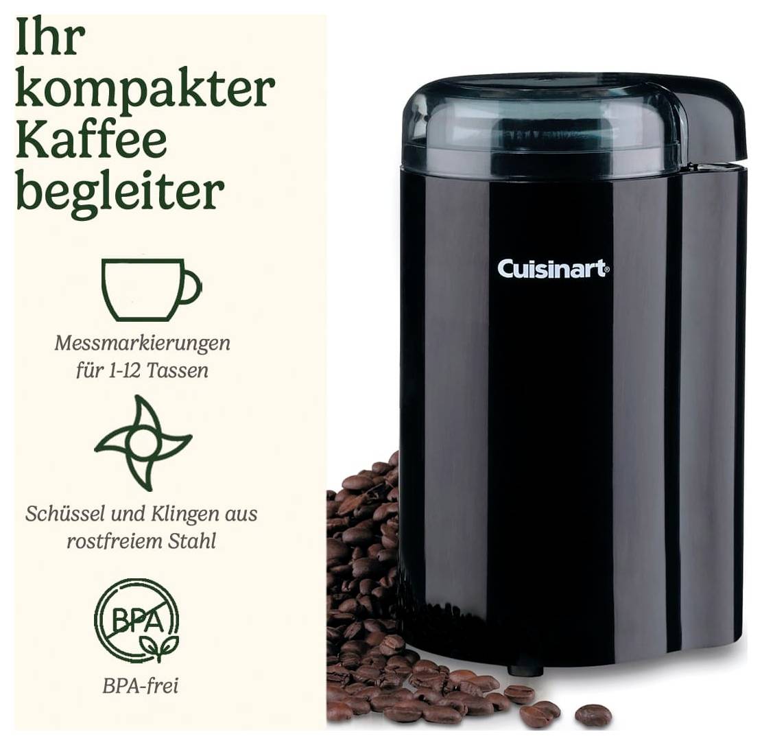 Černý mlýnek na kávu s nápisem 'Cuisinart', obklopený kávovými zrny. Text vedle: 'Váš kompaktní kávový společník'. Charakteristiky: měřicí značky, nerezová ocel, bez obsahu BPA.