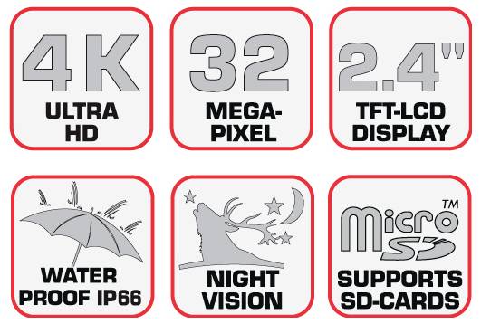 "4K Ultra HD", "32 megapixelový", "2,4" TFT-LCD displej", "Vodotěsný IP66", "Noční vidění", "Podpora mikroSD karet"
