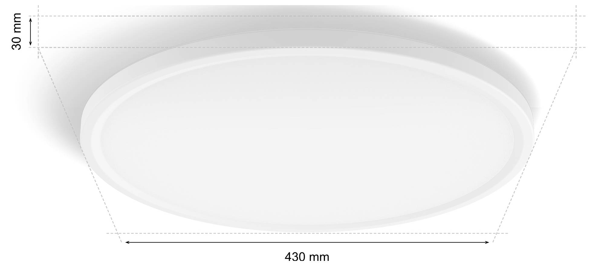 Kulaté bílé stropní světlo s rozměry: 430 mm v průměru a 30 mm v hloubce.