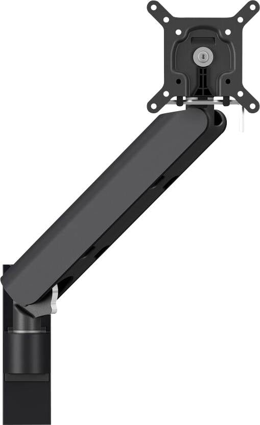 Černý nastavitelný držák monitoru s montážní svorkou, který umožňuje ergonomické umístění počítačových obrazovek na pracovní plochy.