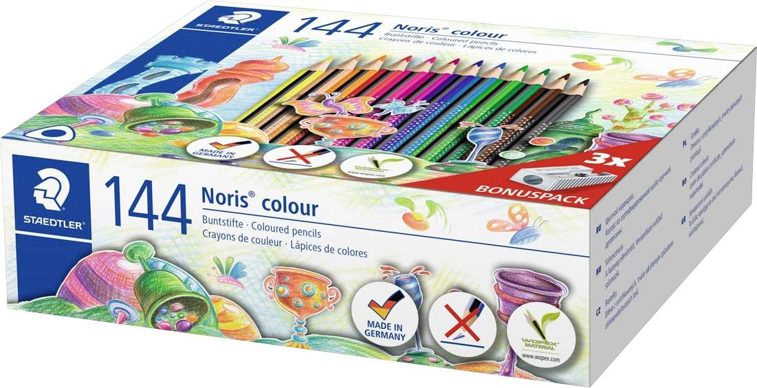 Sada pastelek 'Staedtler 144 Noris colour' s pestrobarevným designem, která prezentuje ilustraci obsažených pastelek a bonusovou sadu.