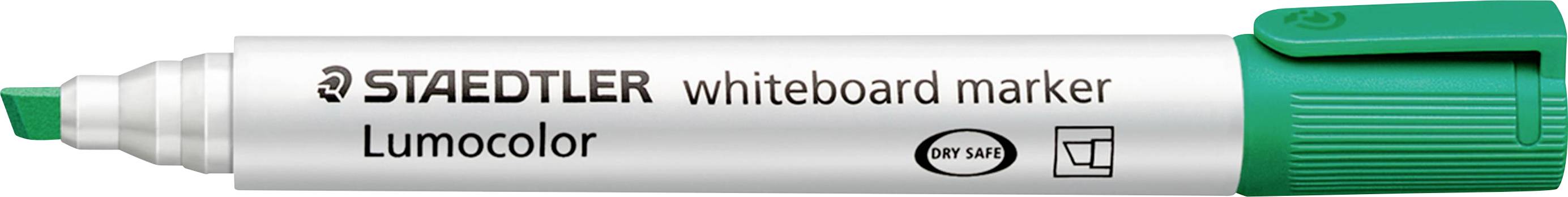 Bílý popisovač na whiteboard znační Staedtler Lumocolor s zeleným víčkem, položený vodorovně, s názvem značky a typem textu na těle popisovače.