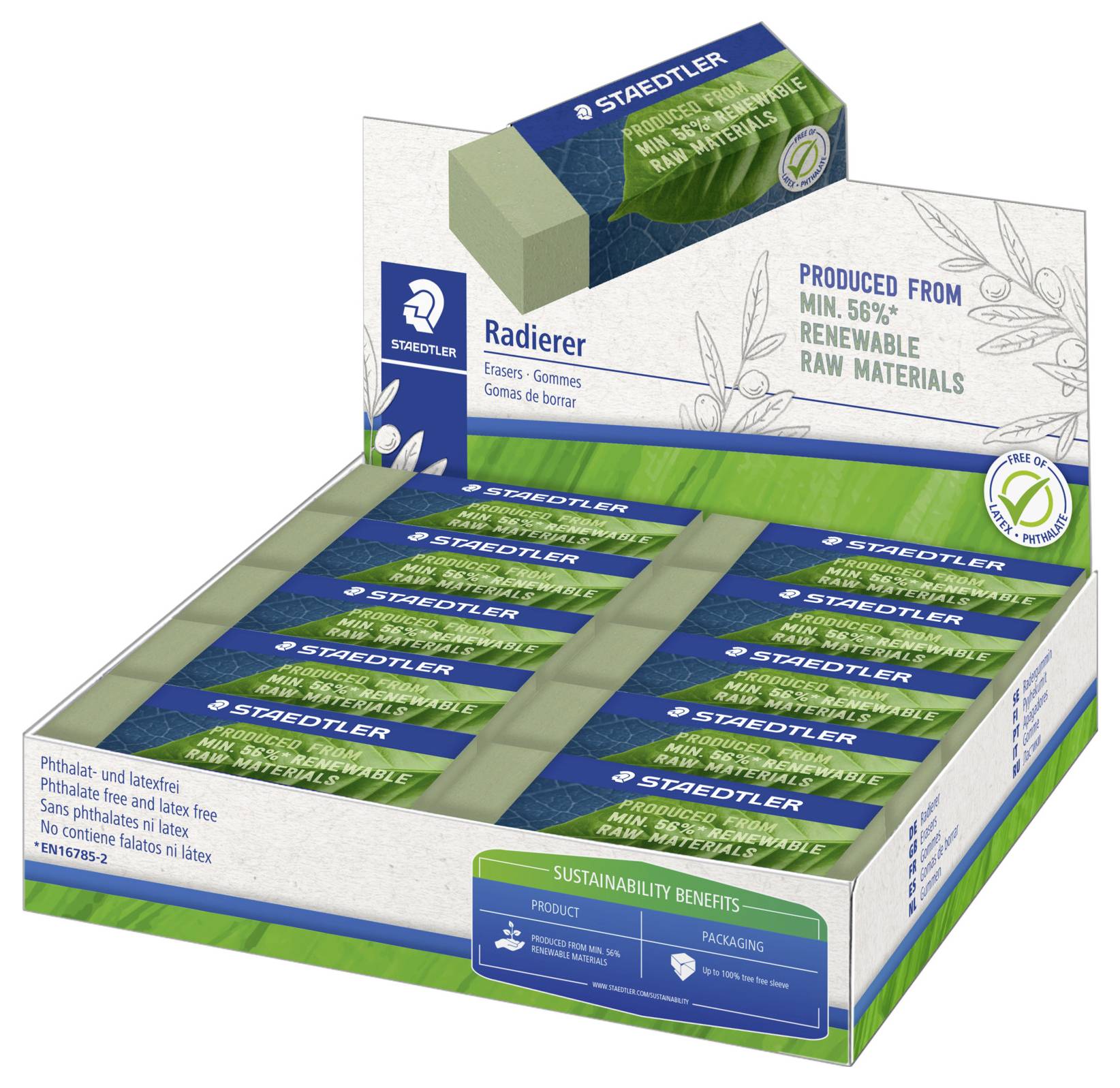 Krabice gum Staedtler vyrobených z 56 % obnovitelných materiálů. Obal zvýrazňuje přínosy udržitelnosti.