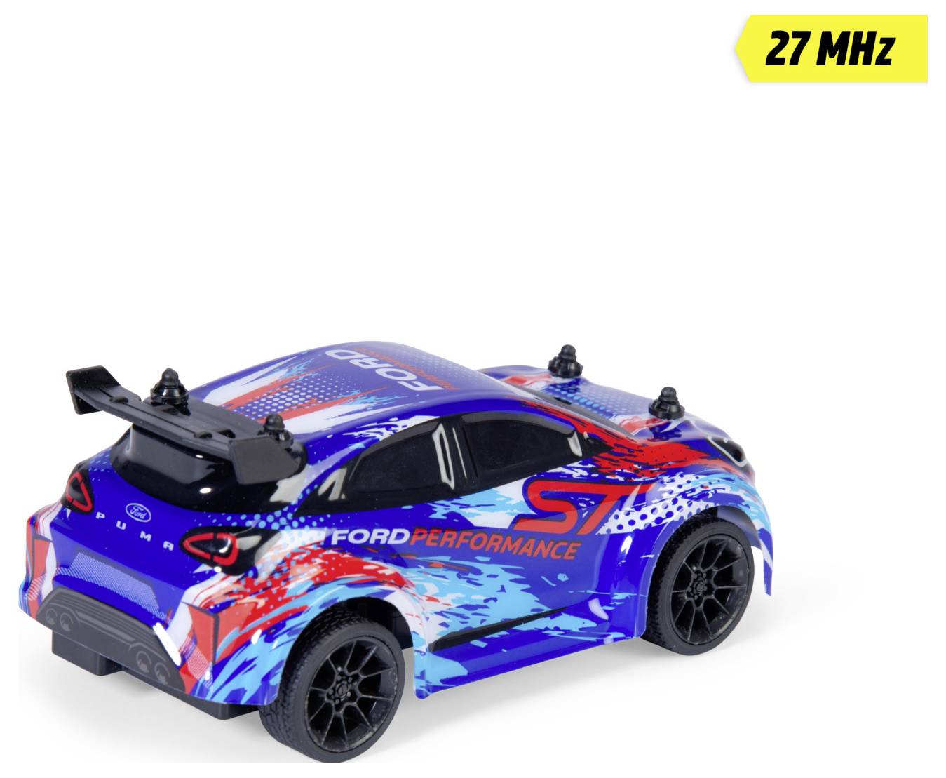 Modré a červené hračkářské auto s logem "Ford Performance", vybavené spoilerem a černými koly. Vozidlo funguje na frekvenci 27 MHz.