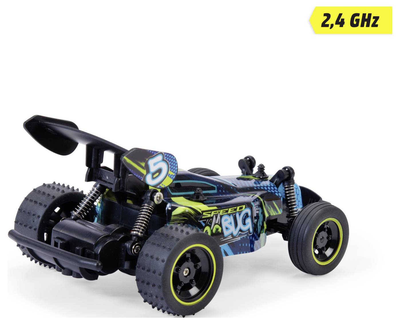 Dálkově ovládané auto ve sportovním designu s názvem 'Speed Buggy', vybavené velkými pneumatikami a zadním křídlem. Popisek uvádí '2.4 GHz'.