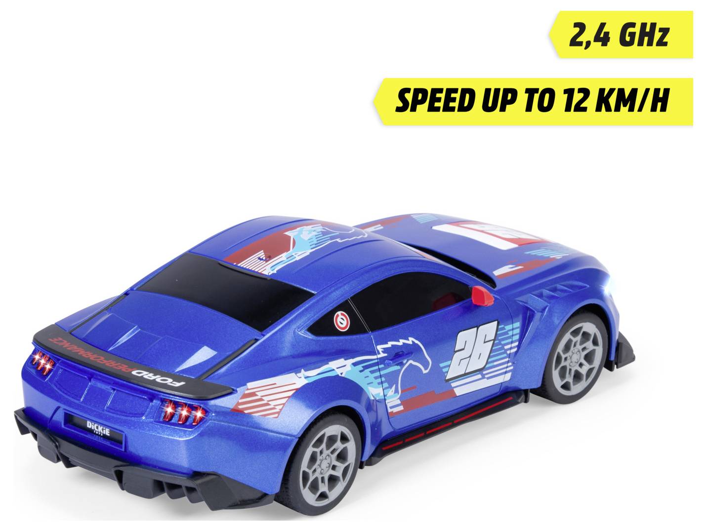 Modré hračkářské autíčko s racing nálepkami a číslem '26' na boku, označené '2,4 GHz' a 'Rychlost až 12 km/h'.