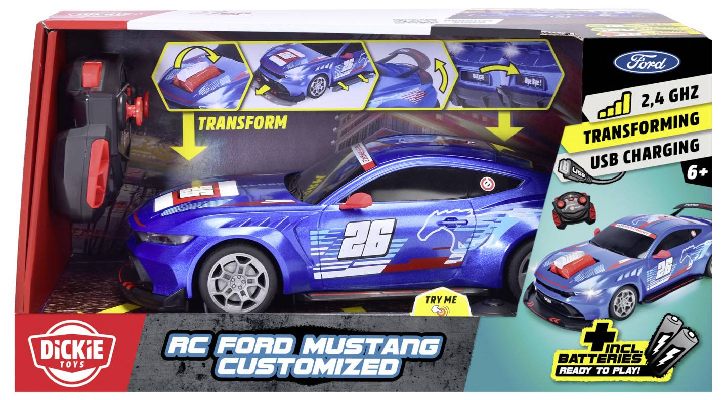 Modrý RC Ford Mustang hračka s funkcí "transformace", nabíjení přes USB, a dálkové ovládání 2,4 GHz. Obsahuje baterie, vhodné pro děti od 6 let.