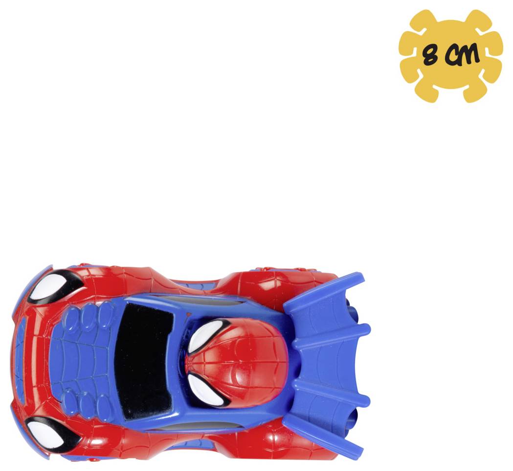 Plastové červené a modré hračkové auto s designem superhrdiny, pohled shora. Žluté ozubené kolo s nápisem '8 CM' udává velikost.