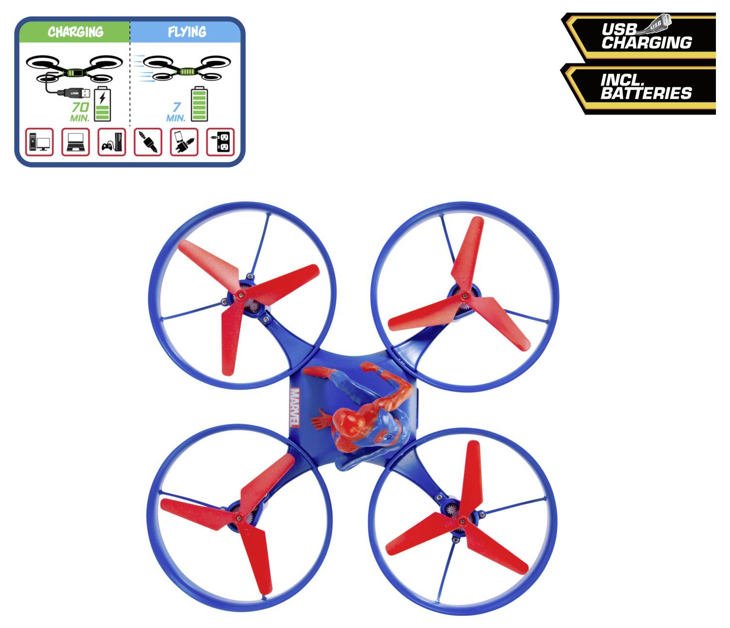 Modrá a červená hračka dron se čtyřmi vrtulemi. Ikony ukazují dobu nabíjení 70 minut a dobu letu 7 minut. Obsahuje USB nabíjení a baterie.