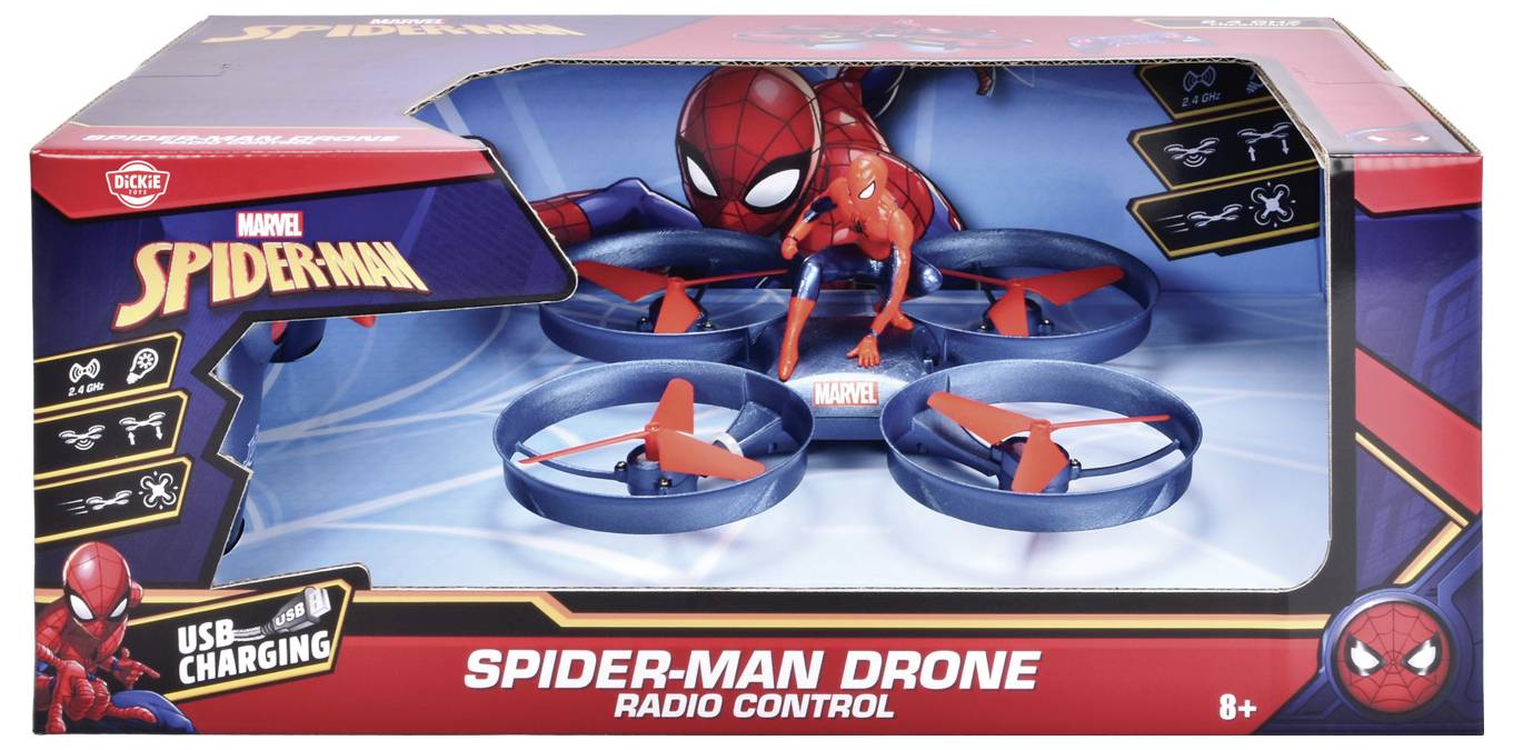 Rádiem řízený dron s motivem Spider-Mana s figurkou Spider-Mana, nabíjení přes USB, vhodný pro děti od 8 let.