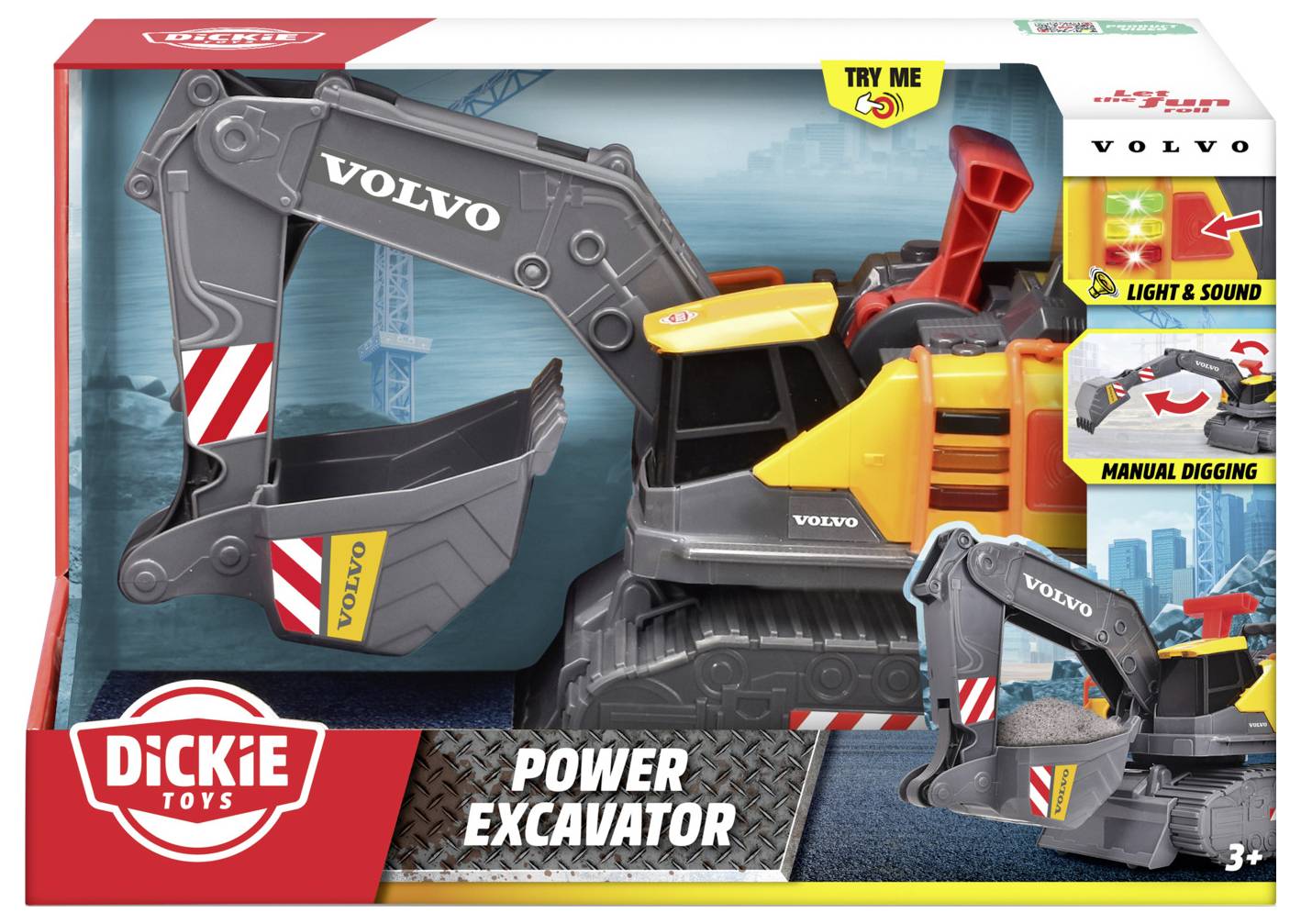 Obrázek ukazuje balení hračky Dickie Toys Power Excavator s funkcemi světla a zvuku, vhodné pro děti od 3 let.