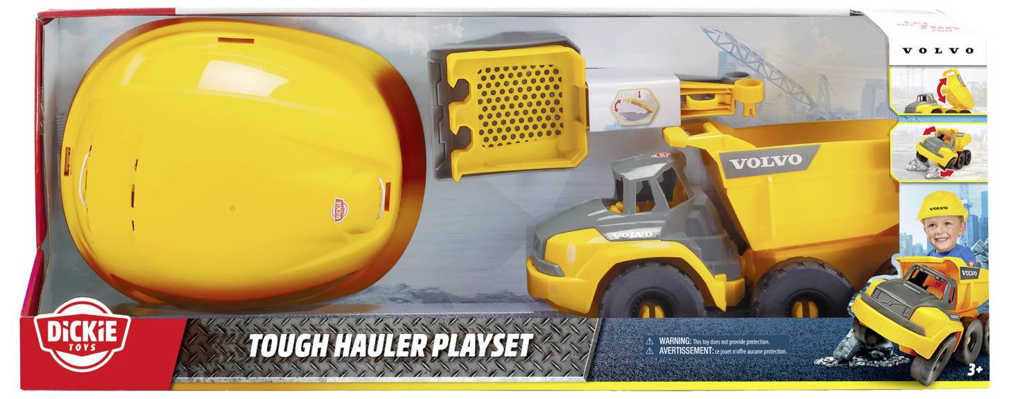 Sada 'Tough Hauler' s nákladním sklápěčem v žluté barvě a dětskou ochrannou přilbou. Vhodné pro děti od 3 let.