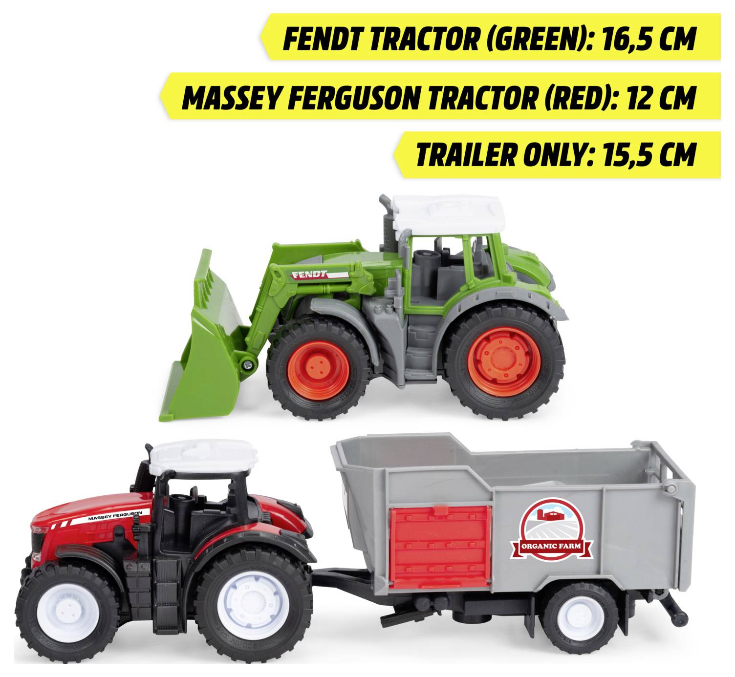 Dva hračkářské traktory o velikostech: zelený Fendt (16,5 cm) a červený Massey Ferguson (12 cm). Šedý přívěs označený nápisem "Organická farma" (15,5 cm).