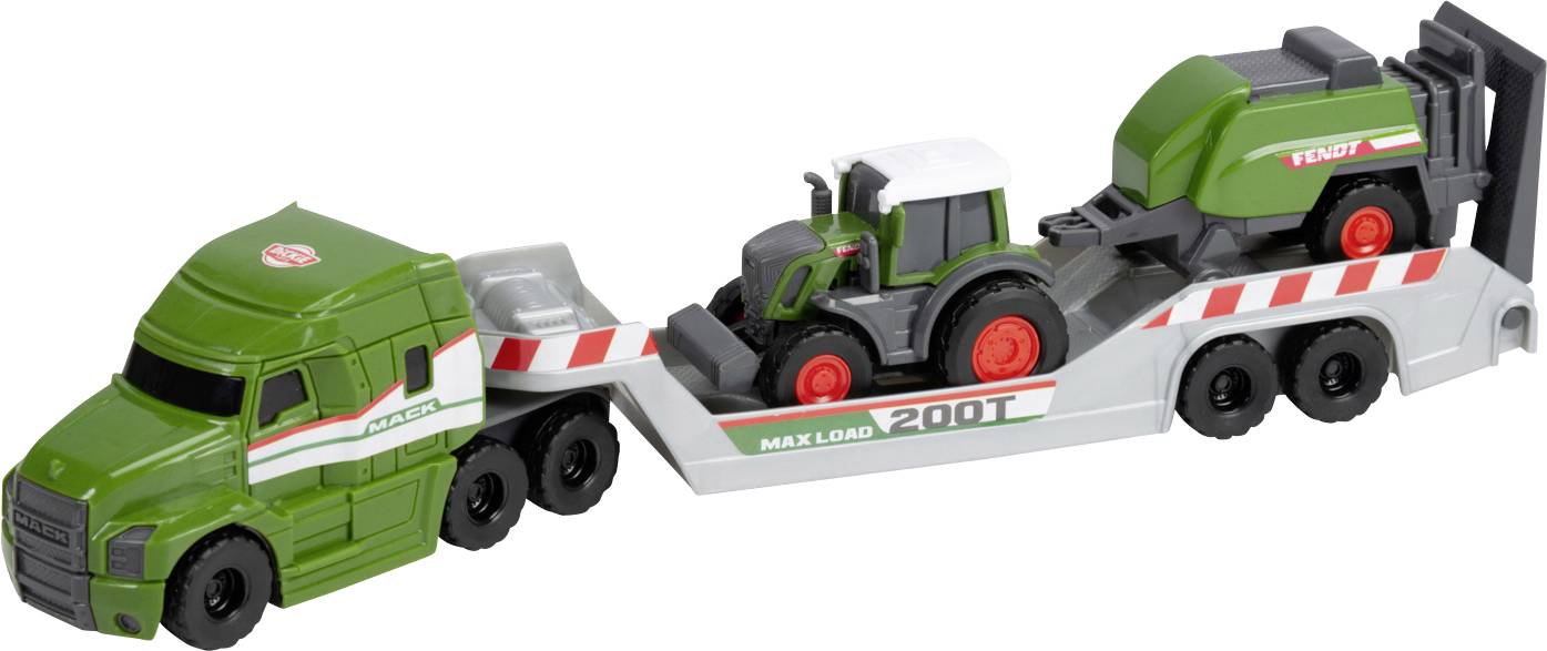 Hračkový zelený traktor naložený na šedém a zeleném hračkovém plochém nákladním voze s nálepkou "Max. zatížení 200T".