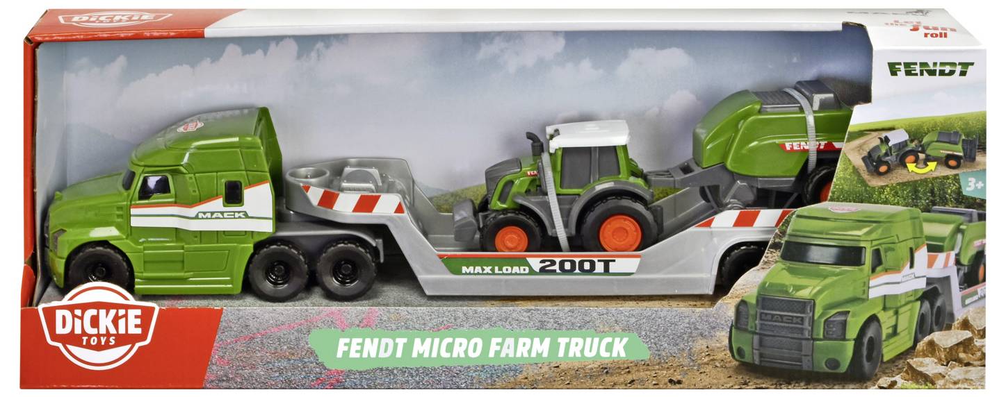 Souprava hraček zobrazující zelený mikrozemědělský náklaďák s odpojitelným přívěsem vezoucím traktor. Text uvádí 'Fendt Mikrozemědělský náklaďák'.