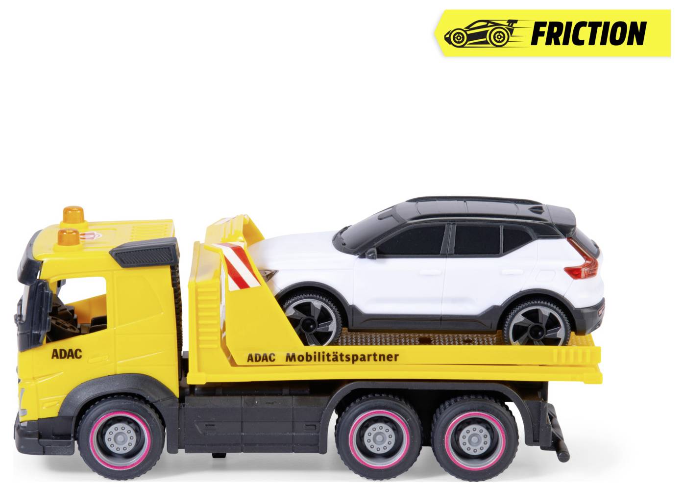 Žlutý hračkářský odtahový vůz s nápisem 'ADAC Mobilitätspartner' na boku táhne bílé hračkářské SUV. Štítek 'Friction' je umístěn v pravém horním rohu.