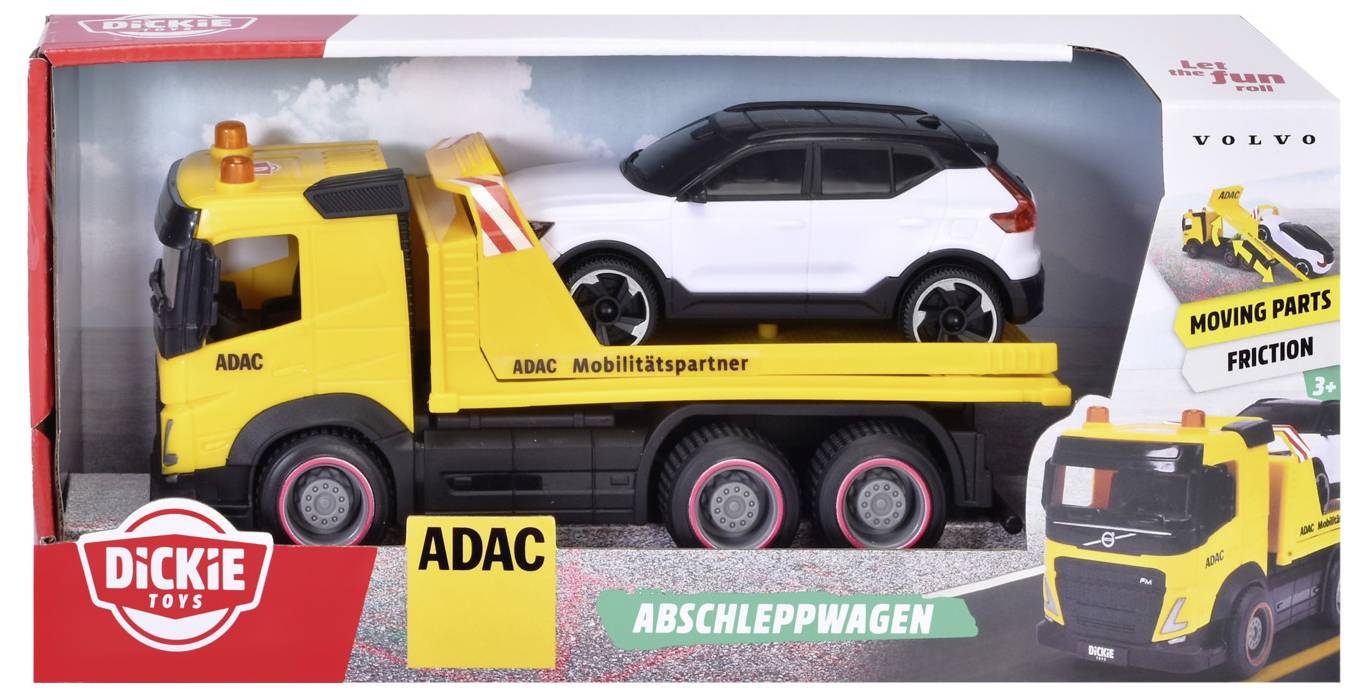 Žlutý hračkářský odtahový vůz veze bílé SUV jako hračku. Krabice je označena "ADAC Abschleppwagen". Vhodné pro děti od 3 let.