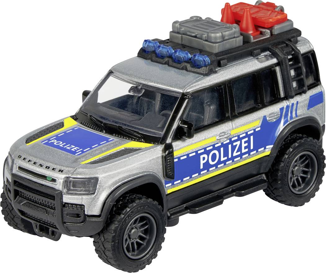 Hračkářské policejní SUV s nápisem 'Polizei' na boku, modro-žlutými dekály a vybavením na střeše.