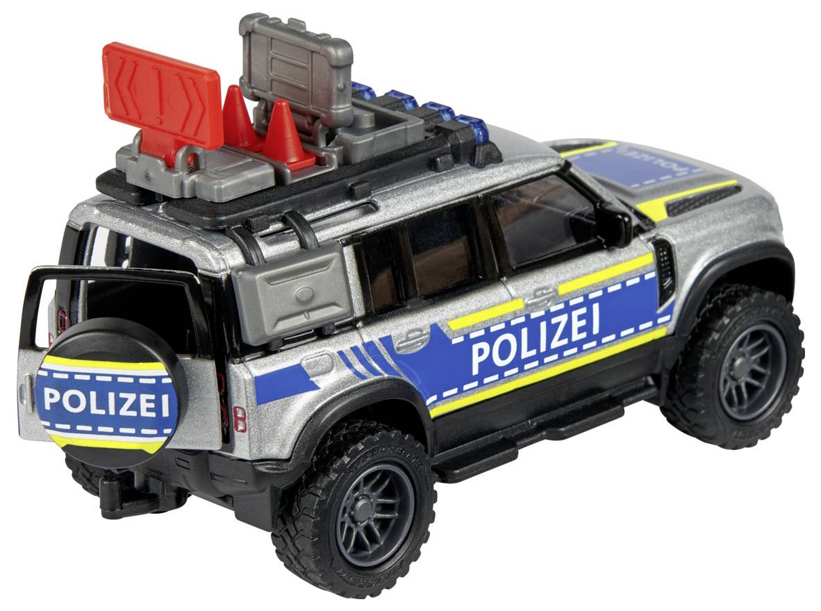 Hračkářské policejní SUV s nápisem "Polizei" na boku, vybavené výstražnými kužely a silničními značkami na střeše, navržené v evropském stylu.