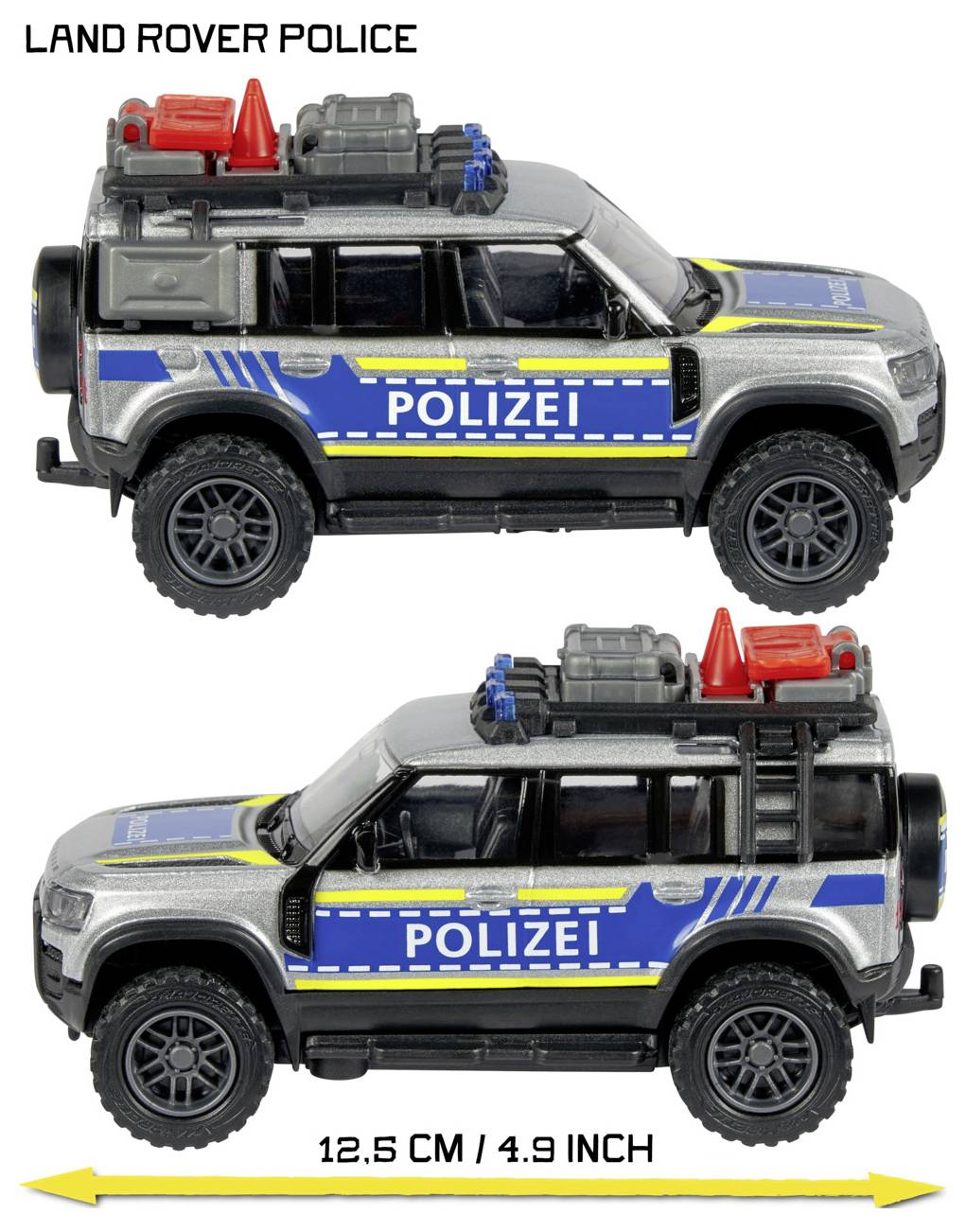 Hračkářské policejní vozidlo Land Rover s nápisem "Polizei" na boku, vybavené příslušenstvím na střeše, o rozměrech 12,5 cm nebo 4,9 palce.