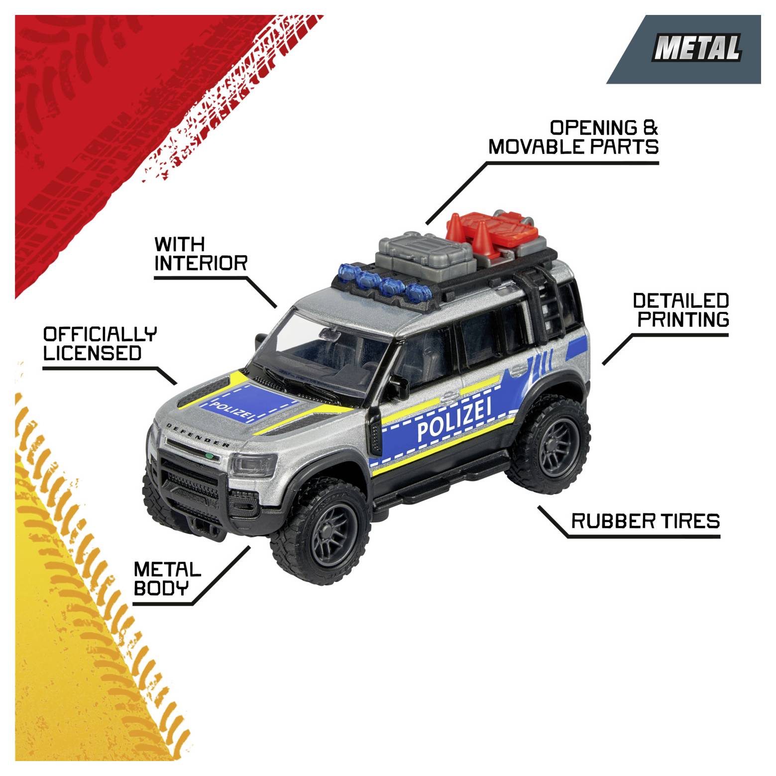 Hračka policejní SUV s kovovým tělem, gumovými pneumatikami, otevíratelnými částmi, interiérovými detaily a oficálně licencovaným podrobným potiskem.