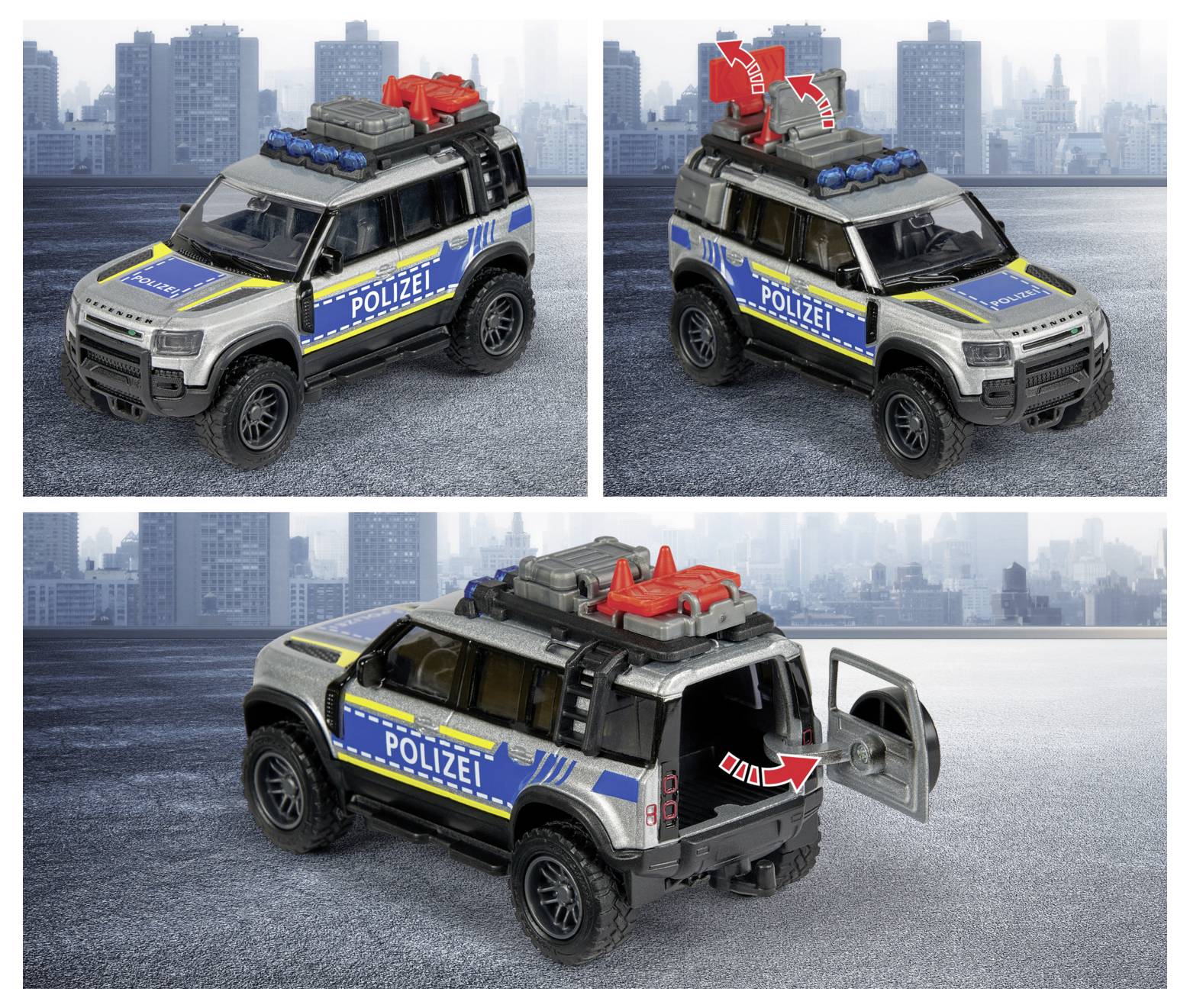 Hračkářské policejní SUV s modro-žlutým designem 'Polizei'. Vozidlo má příslušenství na střeše a otevíratelné zadní dveře. Umístěno na městském pozadí.
