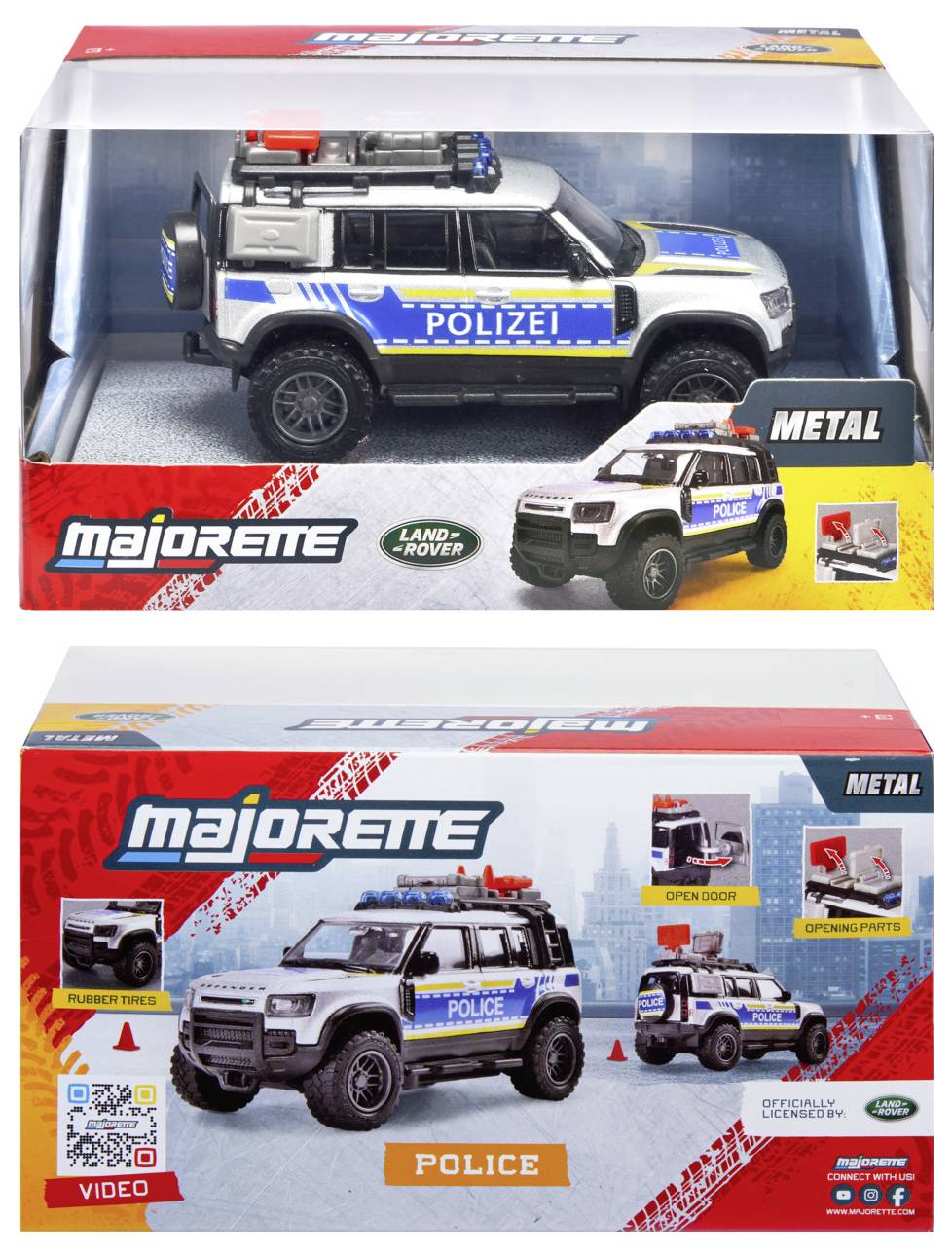 Policejní SUV die-cast model od značky Majorette v prezentačním boxu, s bílým a modrým designem, s označením 'Polizei', s otevíratelnými dveřmi a robustní stavbou. Obal prezentuje produkt a obsahuje branding.