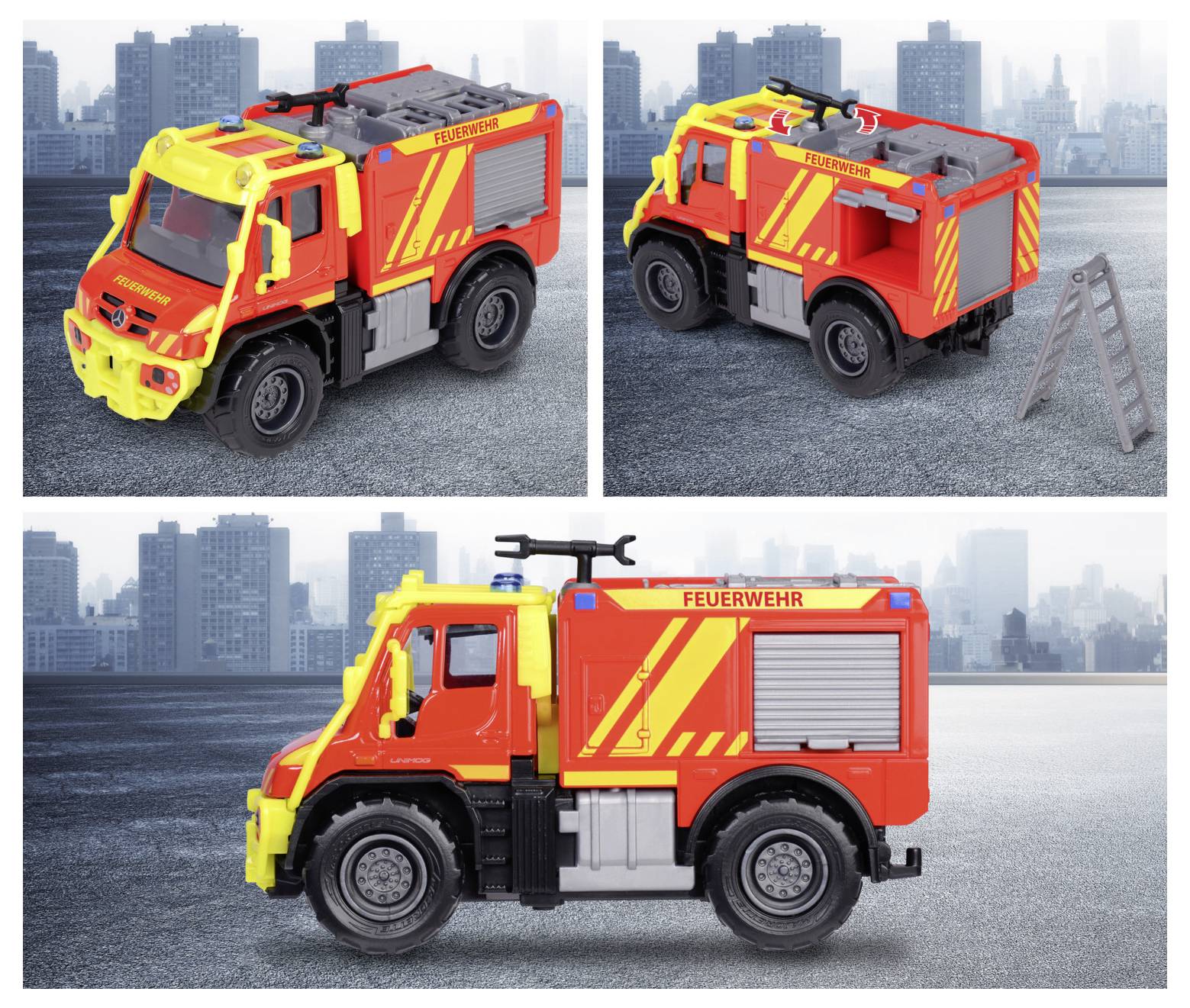 Hračka hasičského vozu s nápisem „Feuerwehr", znázorněná ve třech úhlech pohledu na pozadí městské krajiny. Má červeno-žlutý exteriér s realistickými detaily.