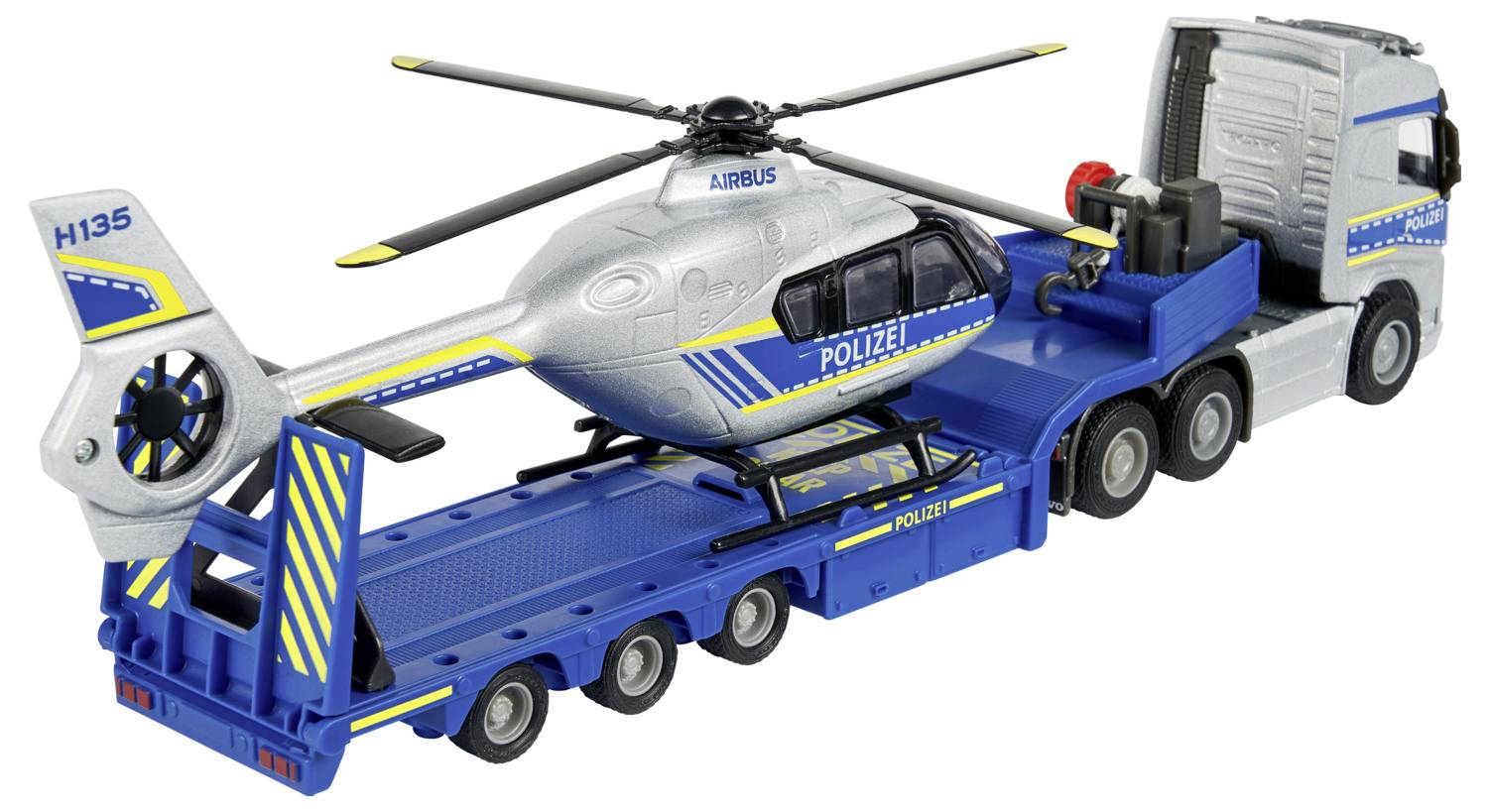 Hračkářská policejní helikoptéra na transportním voze, s označením 'Polizei' v modré a žluté barvě, s detaily 'Airbus' a 'H135'.