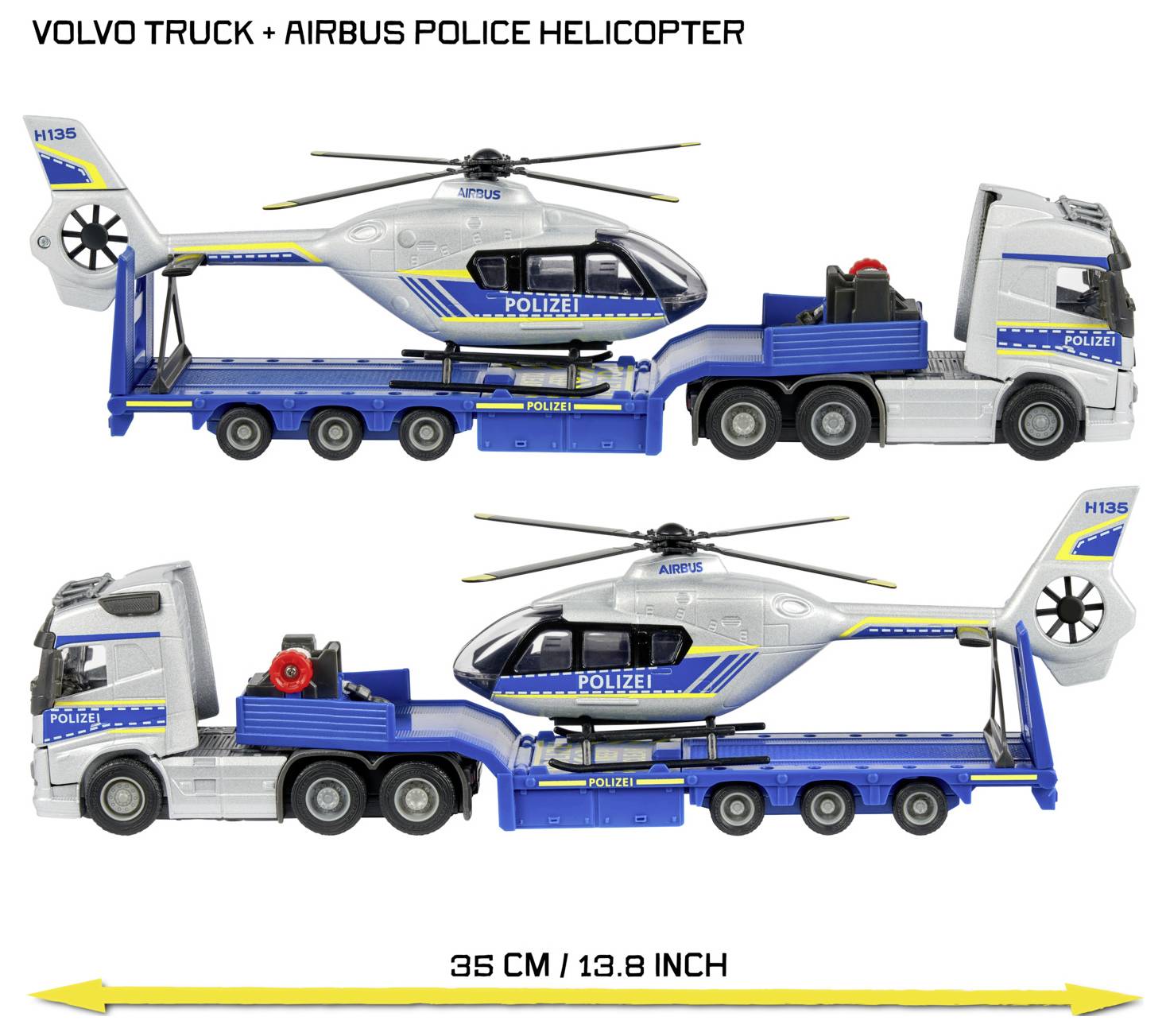 Modrý nákladní vůz Volvo přepravující policejní vrtulník Airbus, označený štítkem „POLIZEI", s rozměry 35 cm/13,8 palce.