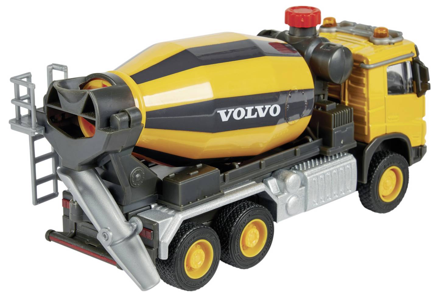 Žlutý hračkářský náklaďák míchač betonu znační Volvo s míchací nádobou, vybavený oranžovými koly a různými černými a šedými mechanickými komponenty.