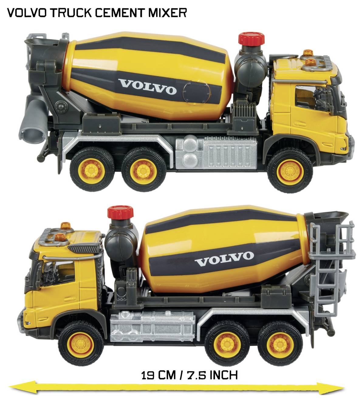 Hračka 'Volvo Truck Cement Mixer' s žlutým a oranžovým designem, zobrazená ve dvou pohledech z boku. Délka: 19 cm (7,5 palce).