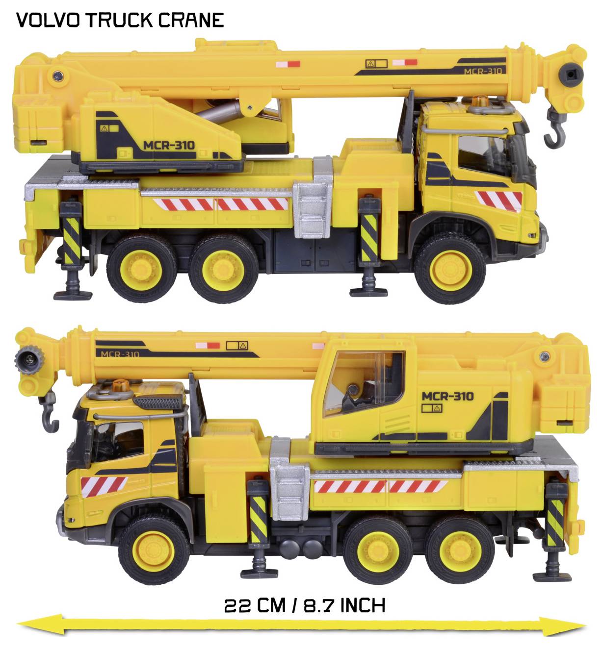 Jeřábový vůz Volvo, model MCR-310 v žluté barvě, pohled z boku. Délka: 22 cm / 8,7 palce.