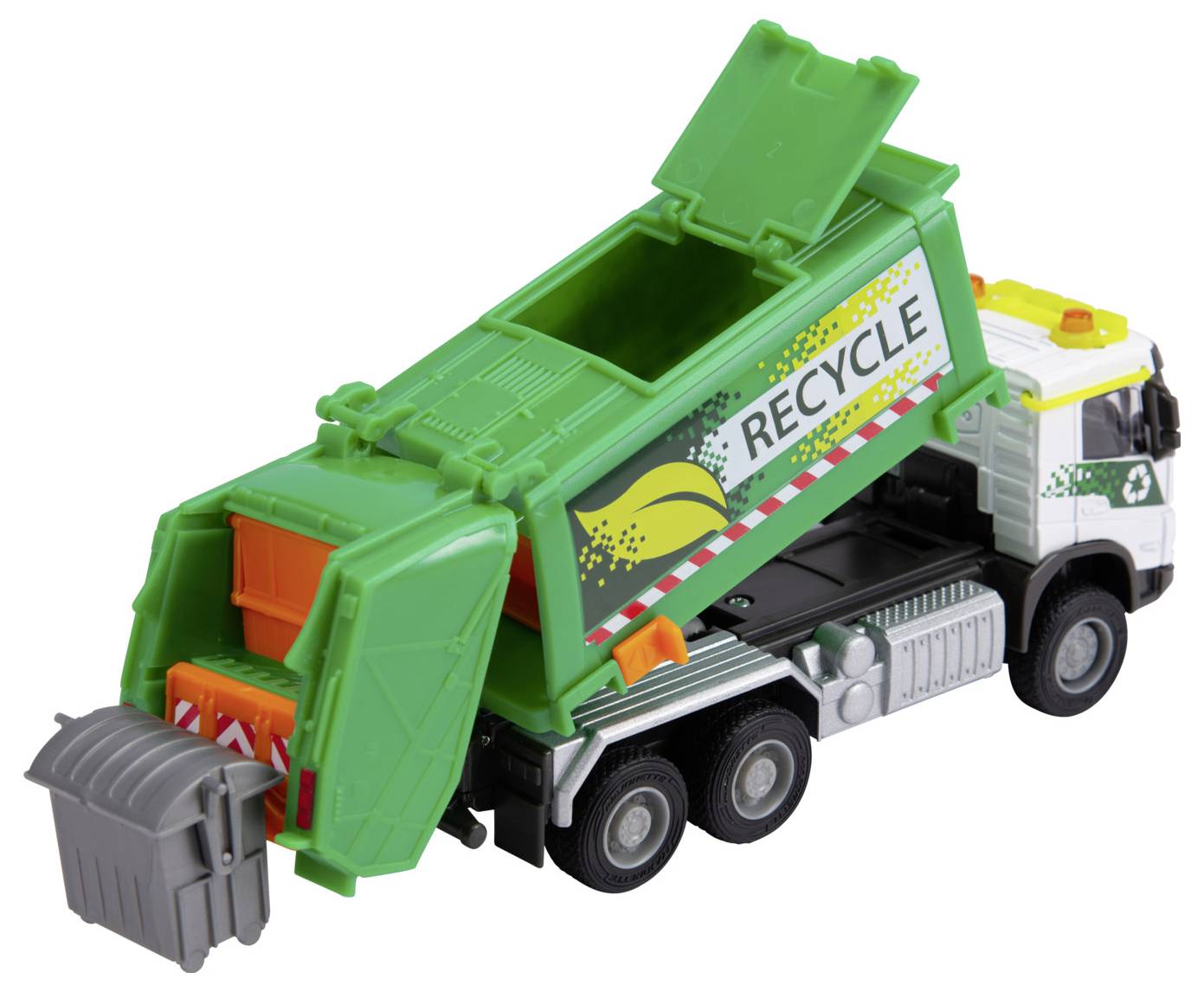 Hračka recyklačního vozu v zeleno-bílém designu s nápisem „RECYKLACE". Má pohyblivé zadní dvířka zvedající šedou popelnici.