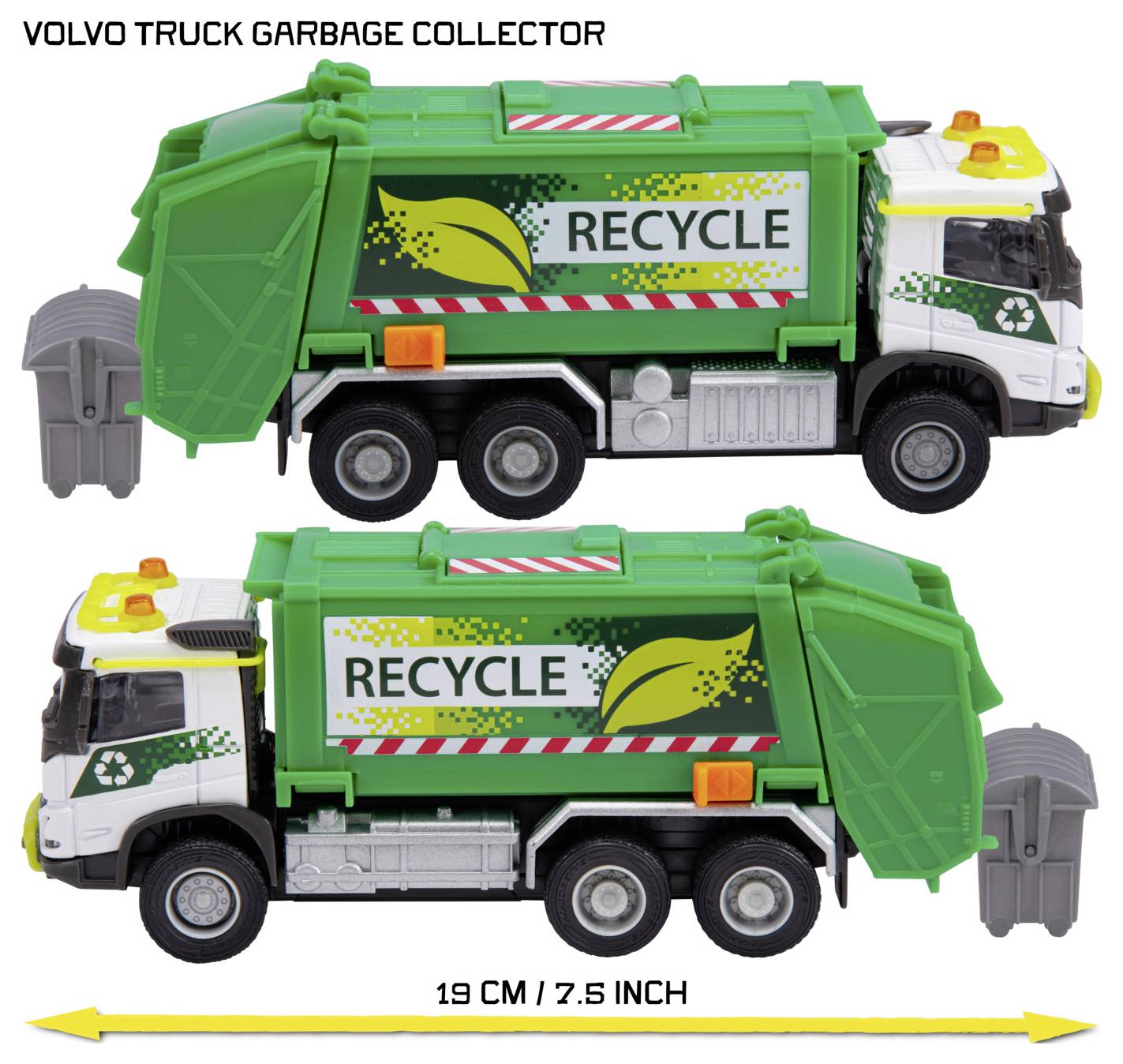 Hračka popelářského vozu Volvo s logem recyklace, zeleným kontejnerem a délkou 19 cm.