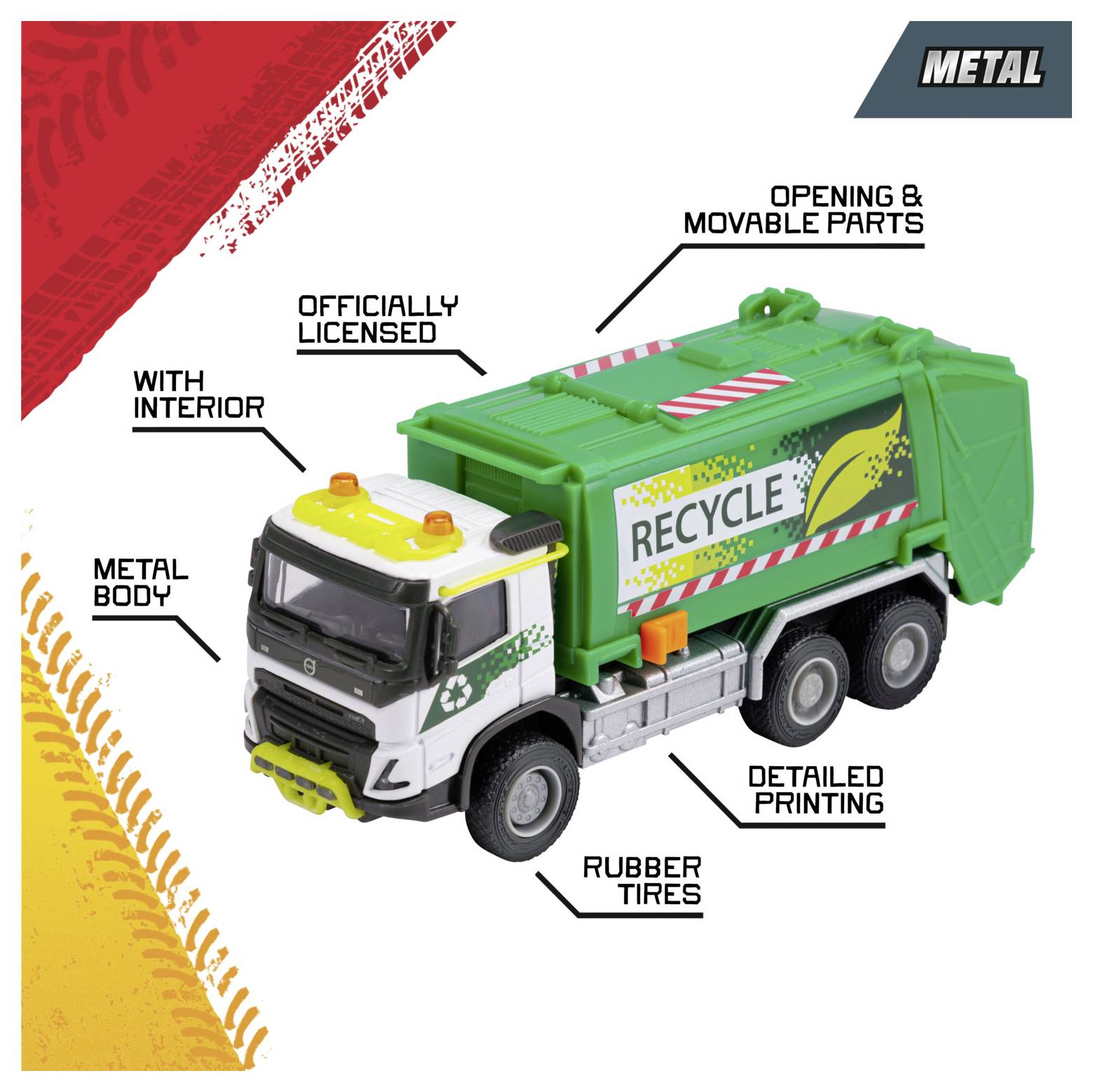 Recyklační nákladní auto na hračky s otevíratelnými díly, interiérem, gumovými pneumatikami, kovovým tělem, detailním potiskem a s oficálním licenčním povolením.